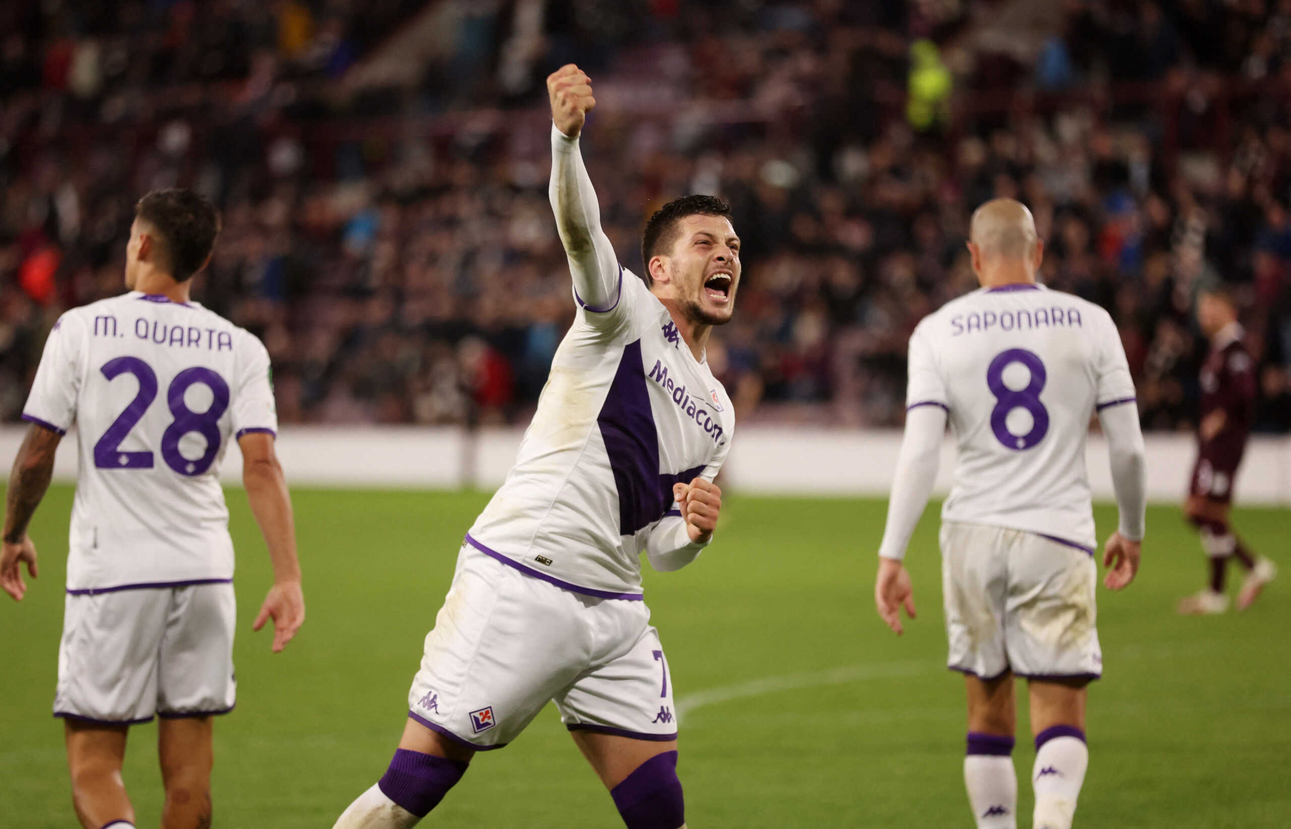 Soccer Football - Europa Conference League - Group A - Heart of Midlothian v Fiorentina - Tynecastle Park, Edinburgh, Scotland, Britain - October 6, 2022 Fiorentina's Luka Jovic celebrates scoring their third goal REUTERS