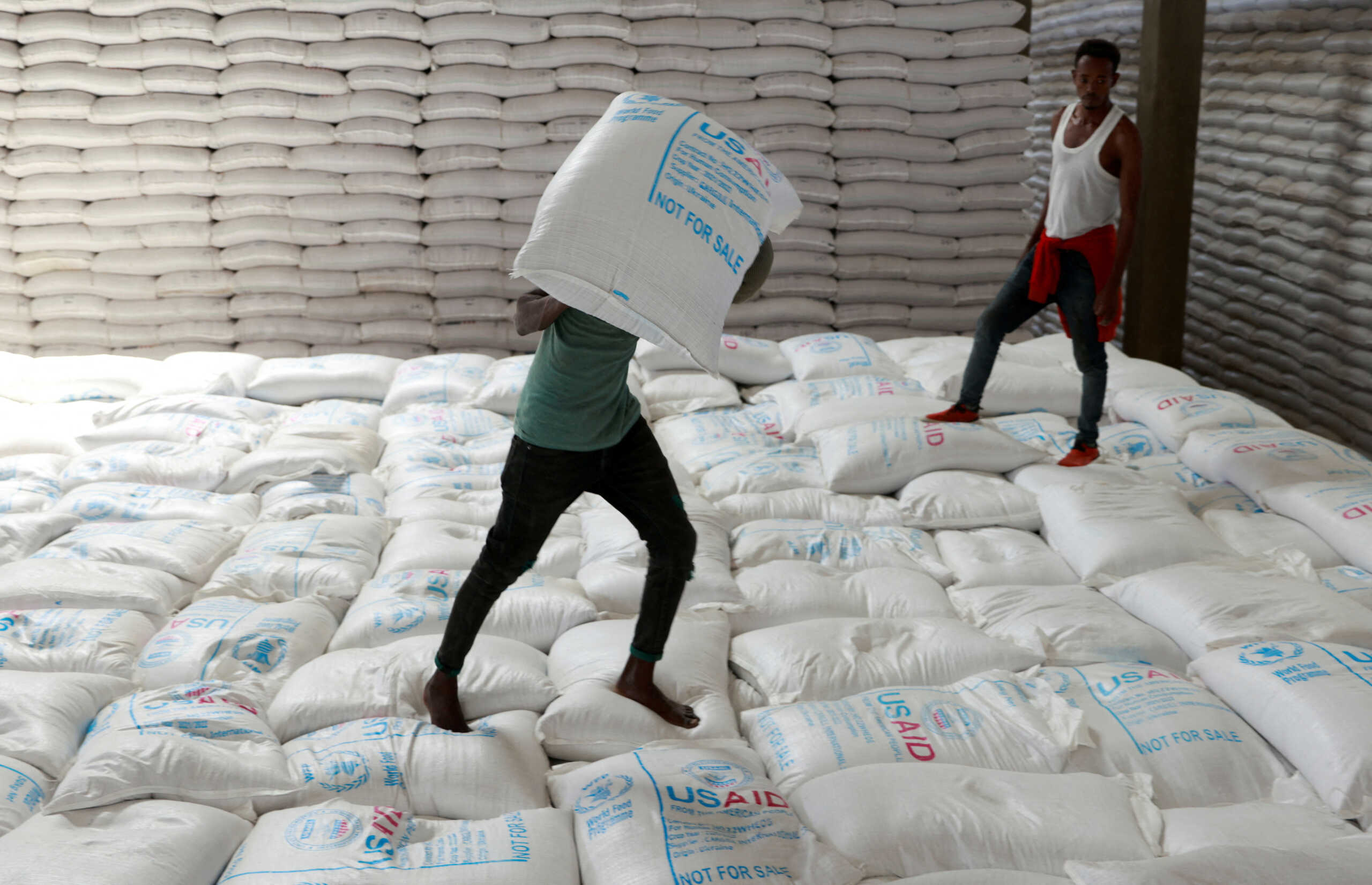 FILE PHOTO: Labourers offload bags of grains as part of relief food that was sent from Ukraine at the World Food Program (WFP) warehouse in Adama town, Ethiopia, September 8, 2022. REUTERS