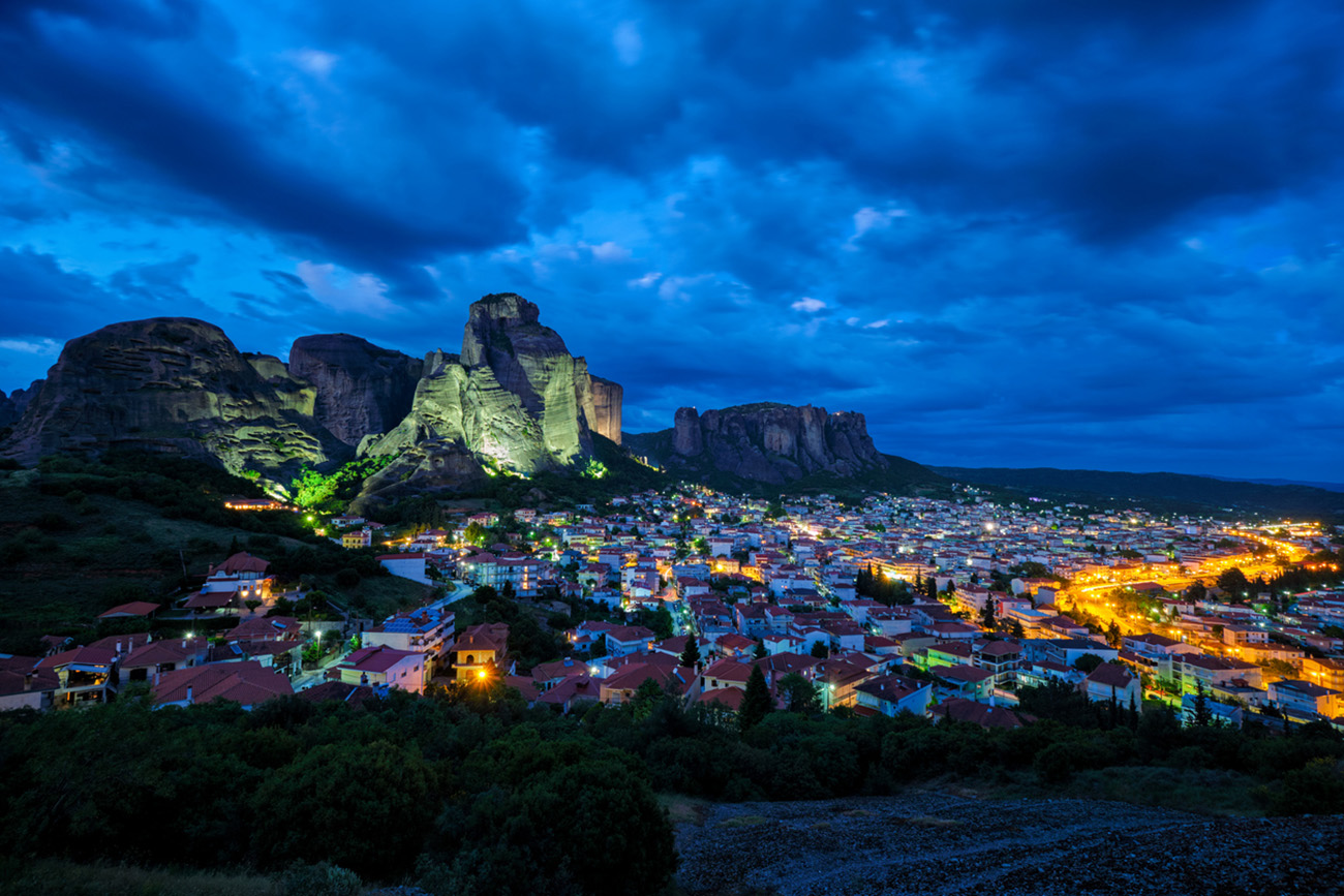 Kalambaka village in famous greek tourist destination Meteora in Greece in night