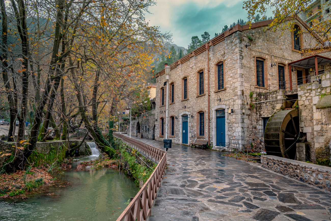 Bridge, waterfalls, river at the old town of Livadeia, in Boeotia region, Central Greece, Greece.