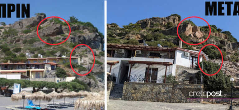 Το πριν και το μετά της αποκόλλησης του βράχου δεκάδων τόνων που καταπλάκωσε τα ενοικιαζόμενα - «Κινδυνεύει ο οικισμός»