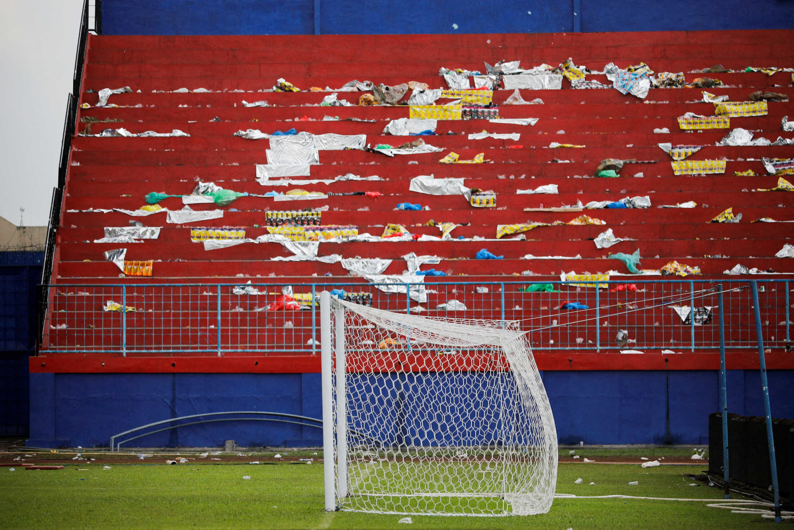 A goalpost is seen after a riot and stampede following soccer match between Arema vs Persebaya at Kanjuruhan stadium in Malang, East Java province, Indonesia, October 2, 2022. REUTERS