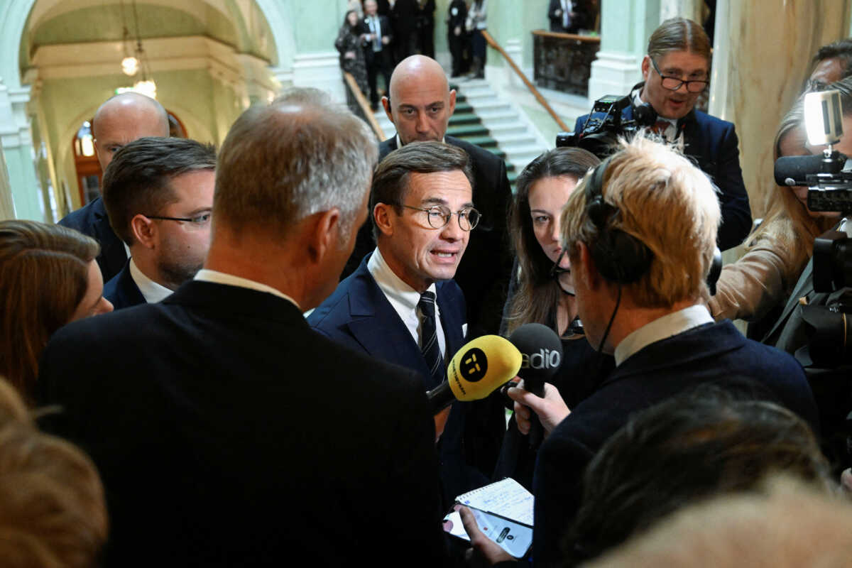 Sweden's Moderate Party leader Ulf Kristersson meets the press at the opening of the Riksdag session in Stockholm, Sweden, September 27, 2022. TT News Agency