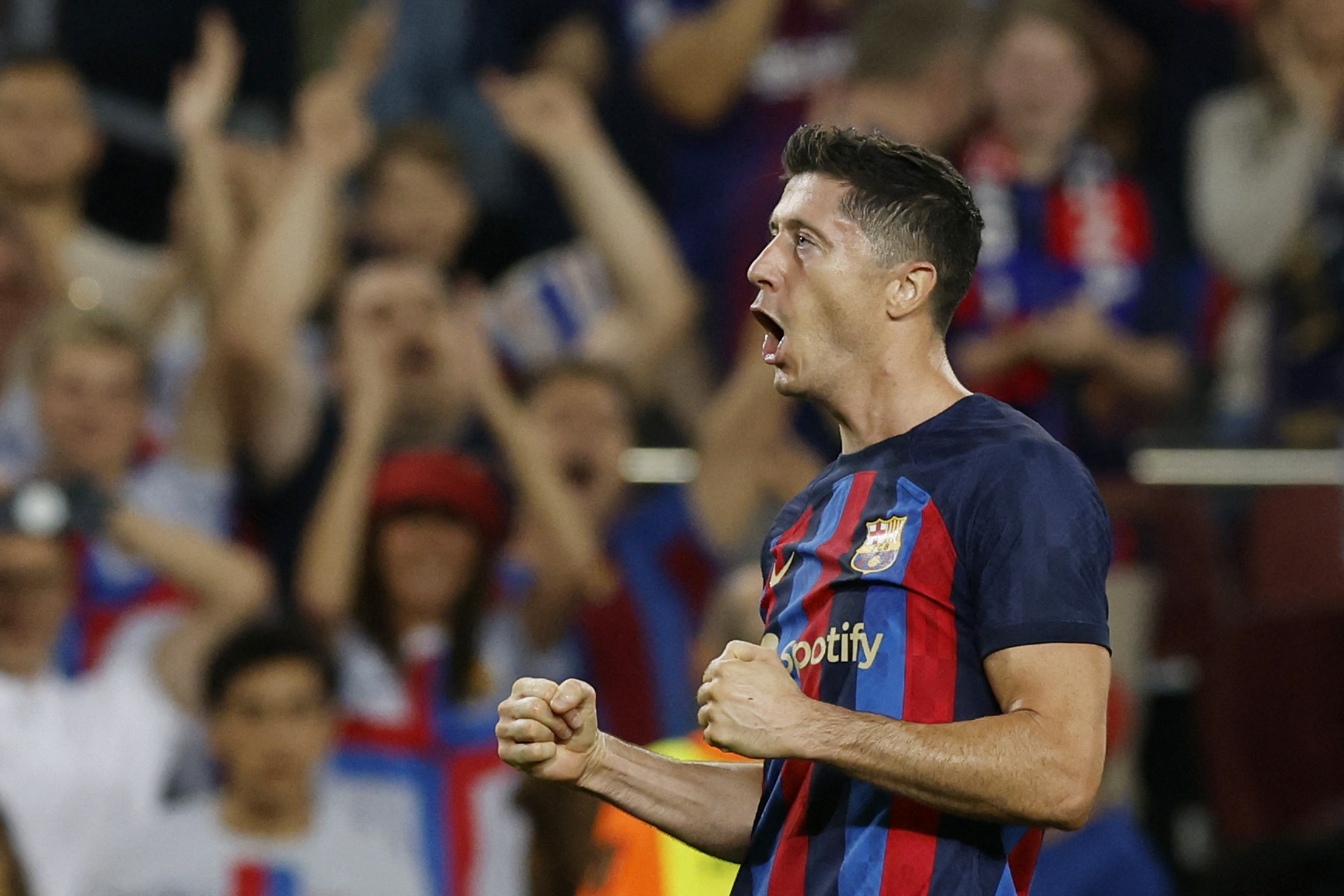 Soccer Football - LaLiga - FC Barcelona v Villarreal - Camp Nou, Barcelona, Spain - October 20, 2022 FC Barcelona's Robert Lewandowski celebrates scoring their first goal REUTERS