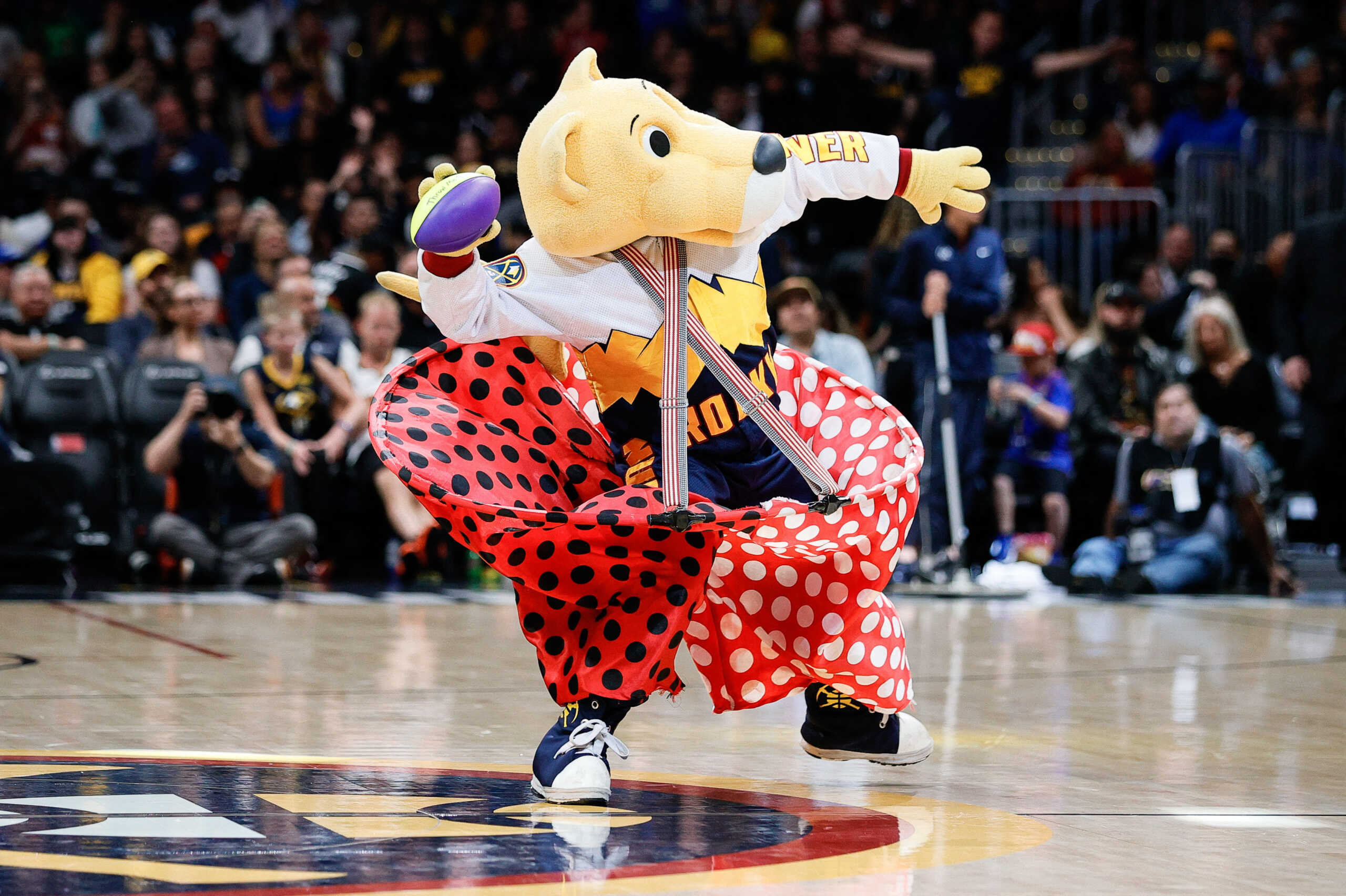 Oct 3, 2022; Denver, Colorado, USA; Denver Nuggets mascot Rocky during a break in the second quarter against the Oklahoma City Thunder at Ball Arena. Mandatory Credit: Isaiah J. Downing-USA TODAY Sports
