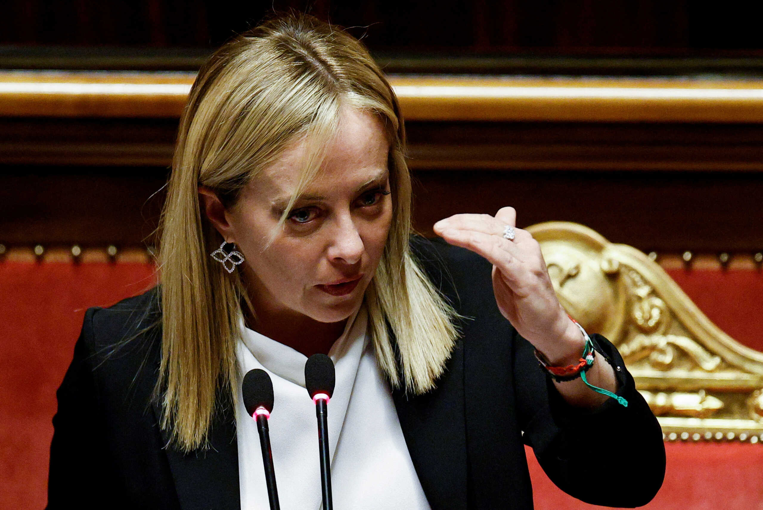 FILE PHOTO: Italy's Prime Minister Giorgia Meloni speaks during a session of the upper house of parliament ahead of a confidence vote for the new government, in Rome, Italy, October 26, 2022. REUTERS
