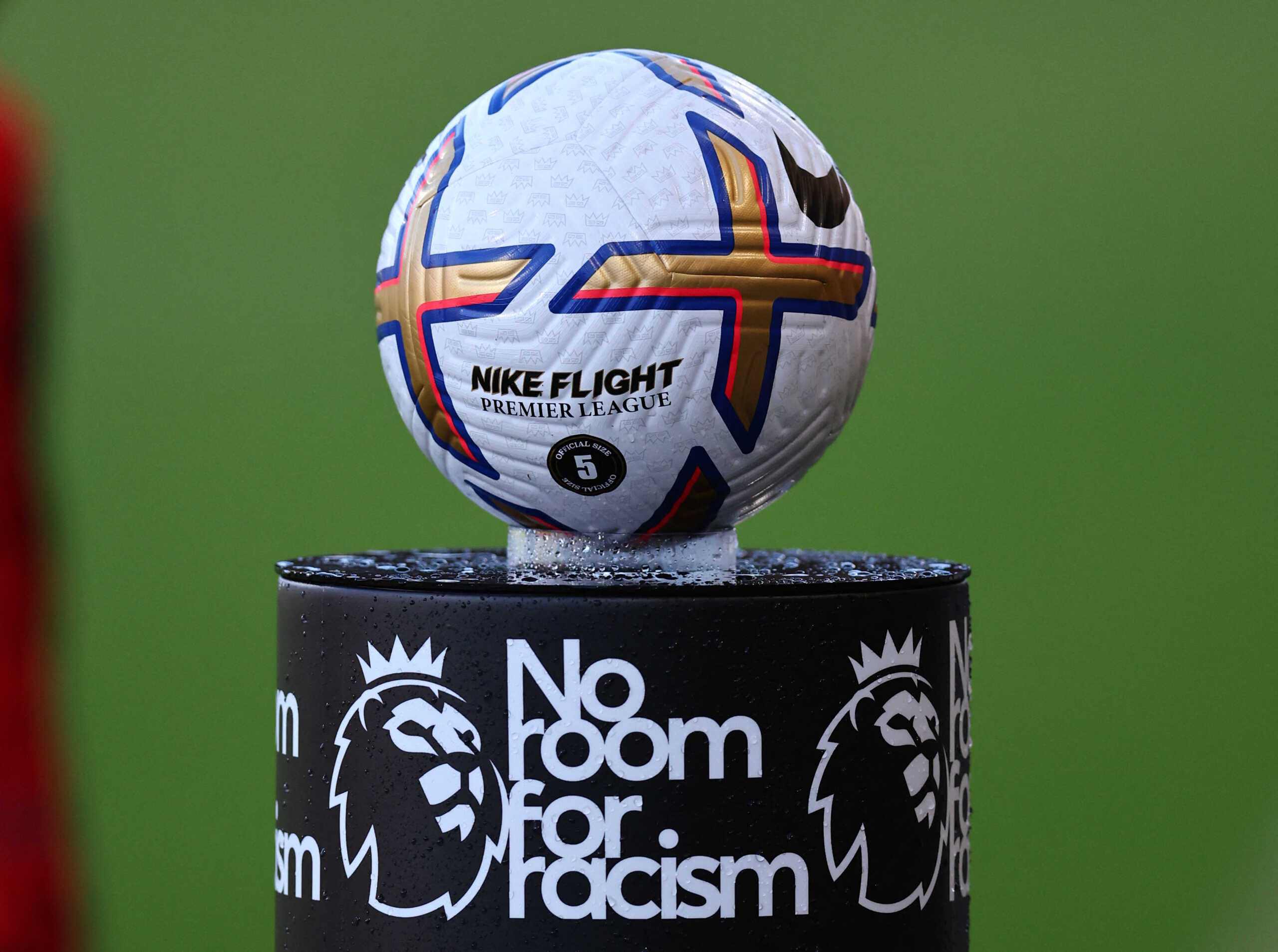 Soccer Football - Premier League - AFC Bournemouth v Leicester City - Vitality Stadium, Bournemouth, Britain - October 8, 2022 General view of the match ball on display with a message reading "no room for racism" REUTERS