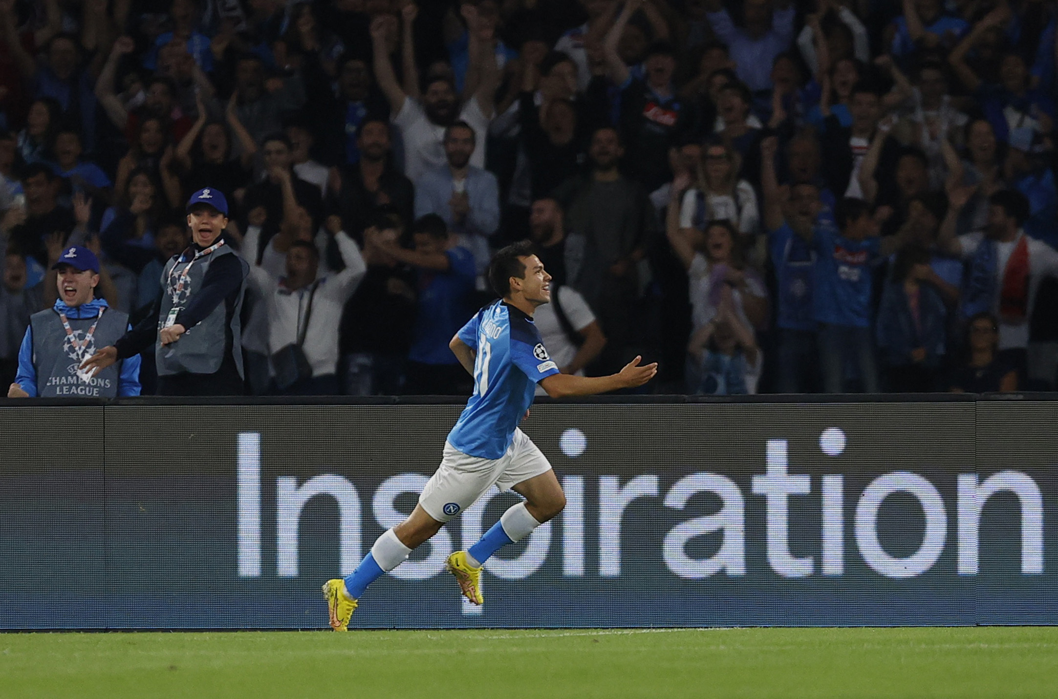 Soccer Football - Champions League - Group A - Napoli v Ajax Amsterdam - Stadio Diego Armando Maradona, Naples, Italy - October 12, 2022 Napoli's Hirving Lozano celebrates scoring their first goal REUTERS