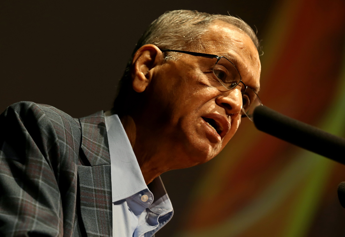 epa07978216 Nagavara Ramarao Narayana Murthy, co-founder of Infosys Limited, speaks at the Infosys Prize 2019 award ceremony at Infosys headquarters in Bangalore, India, 07 November 2019. The company announced on 07 November the five winners of the Infosys Prize 2019 for Engineering and Computer Science, Humanities, Life Science, Mathematical Science, and Physical and Social Science.  EPA