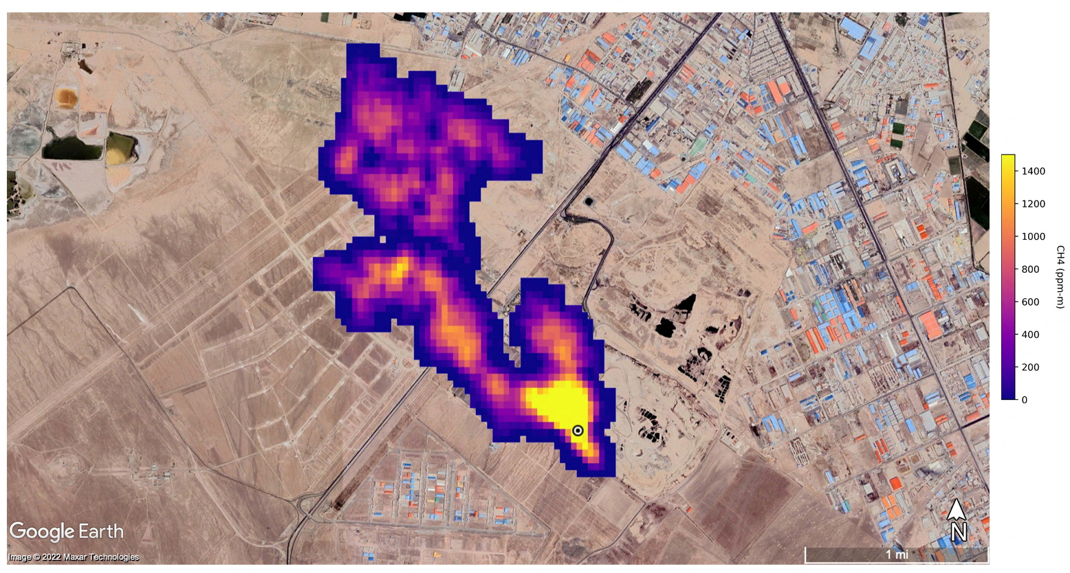 Imaging of a methane plume at least 3 miles (4.8 km) long rising from a major landfill, where methane is a byproduct of decomposition, south of Tehran, Iran, captured by NASA's orbital imaging spectrometer, is overlaid on a satellite photo in this handout image released October 25, 2022.  Google Earth