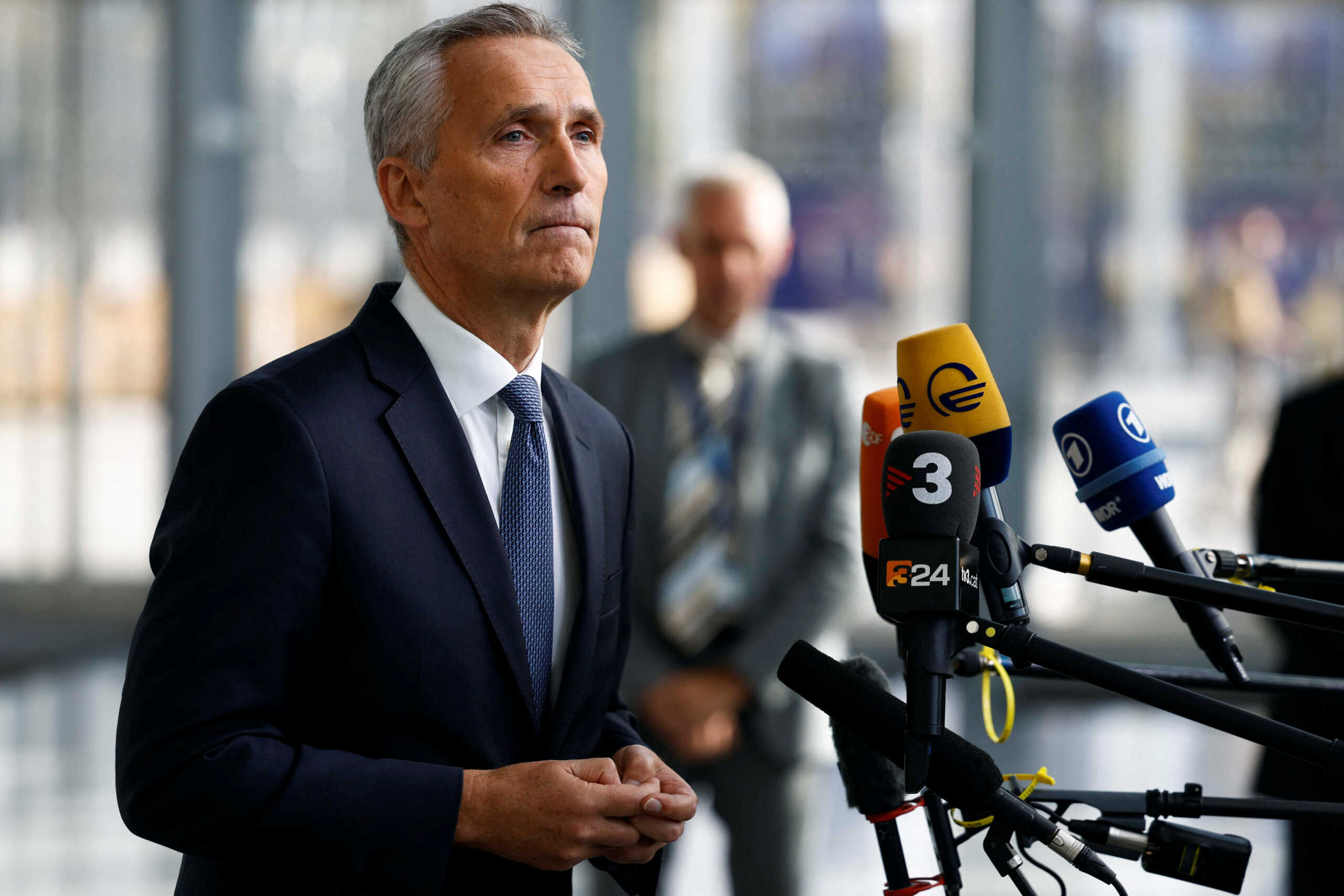 NATO Secretary General Jens Stoltenberg speaks to media on the day of a NATO defence ministers meeting, at the Alliance's headquarters in Brussels, Belgium October 12, 2022. REUTERS