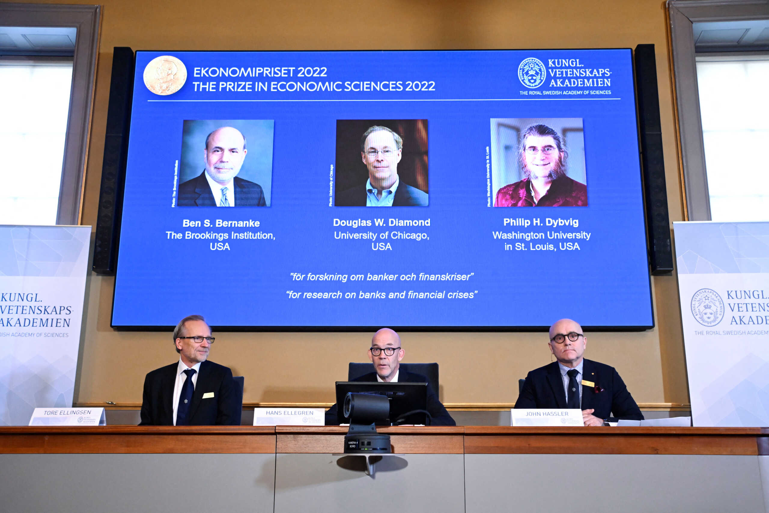 Members of the Royal Swedish Academy of Sciences Tore Ellingsen, Hans Ellegren and John Hassler announce the 2022 Nobel Prize for Economic Sciences, during a news conference at the Royal Swedish Academy of Sciences in Stockholm, Sweden October 10, 2022.  The winners are Ben S. Bernanke (USA), Douglas W. Diamond (USA) and Philip H. Dybvig (USA).   TT News Agency