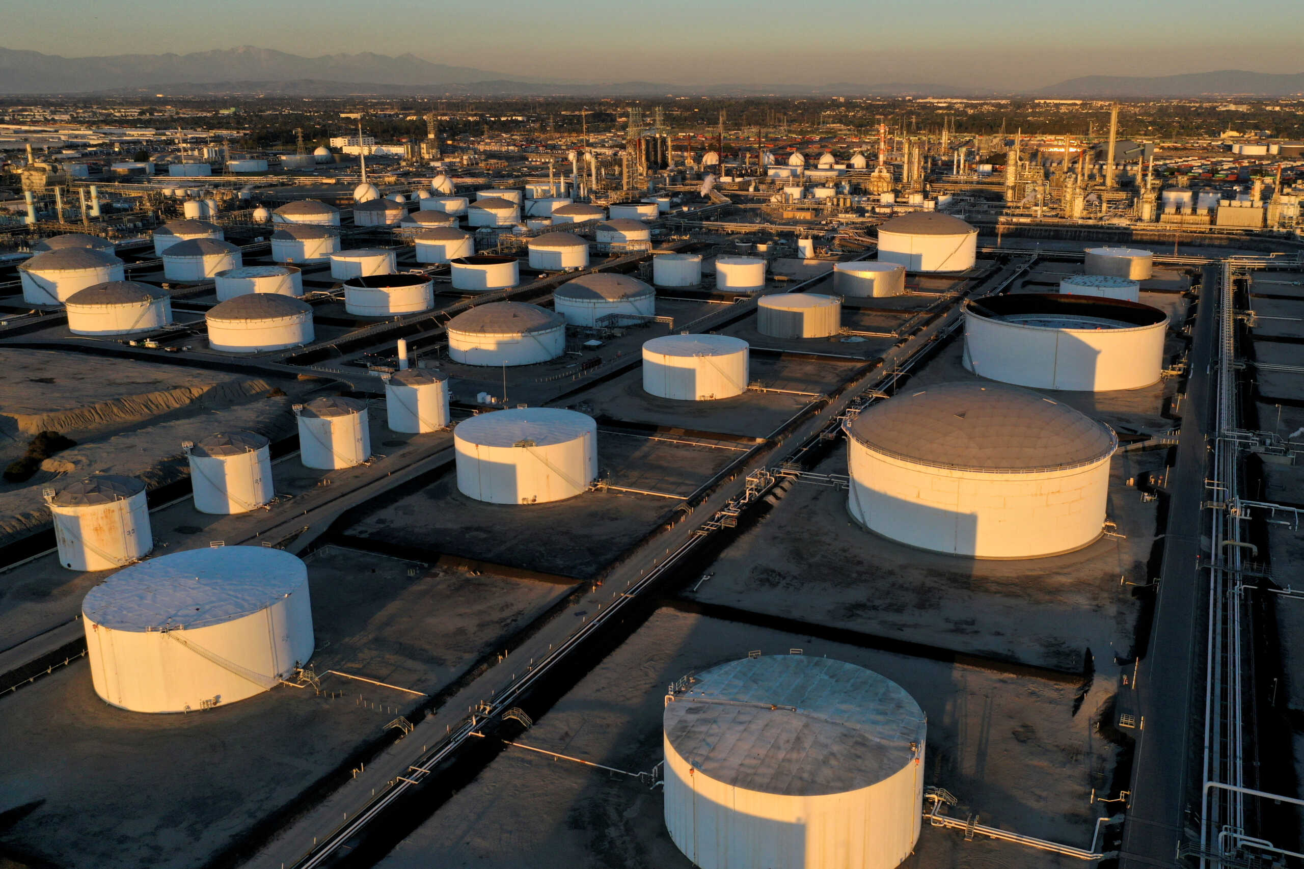 FILE PHOTO: Storage tanks are seen at Marathon Petroleum's Los Angeles Refinery, which processes domestic & imported crude oil into California Air Resources Board (CARB) gasoline, CARB diesel fuel, and other petroleum products, in Carson, California, U.S., March 11, 2022. Picture taken with a drone. REUTERS