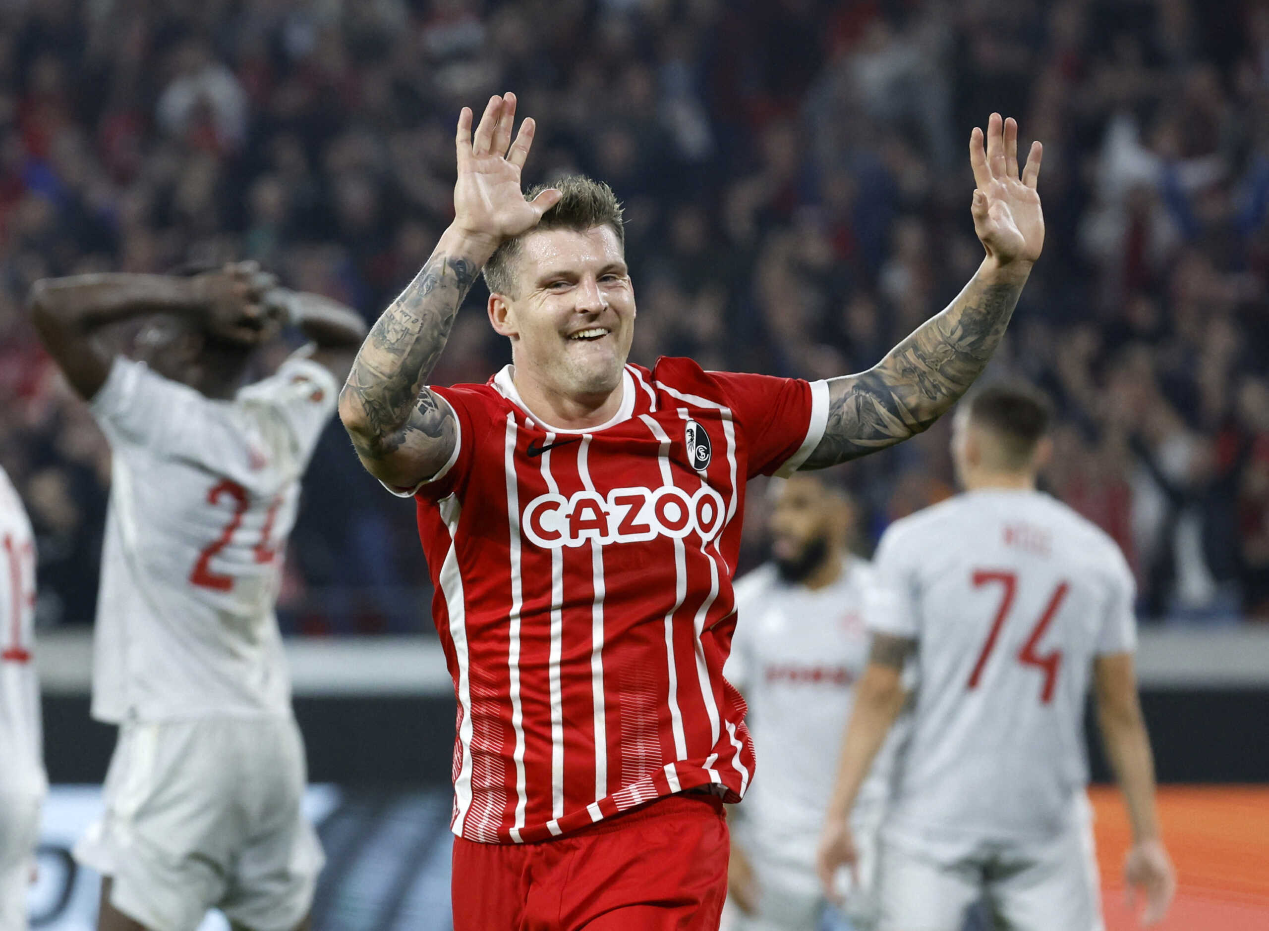 Soccer Football - Europa League - Group G - SC Freiburg v Olympiacos - Europa Park Stadion, Freiburg, Germany - October 27, 2022 SC Freiburg's Lukas Kubler celebrates scoring their first goal REUTERS