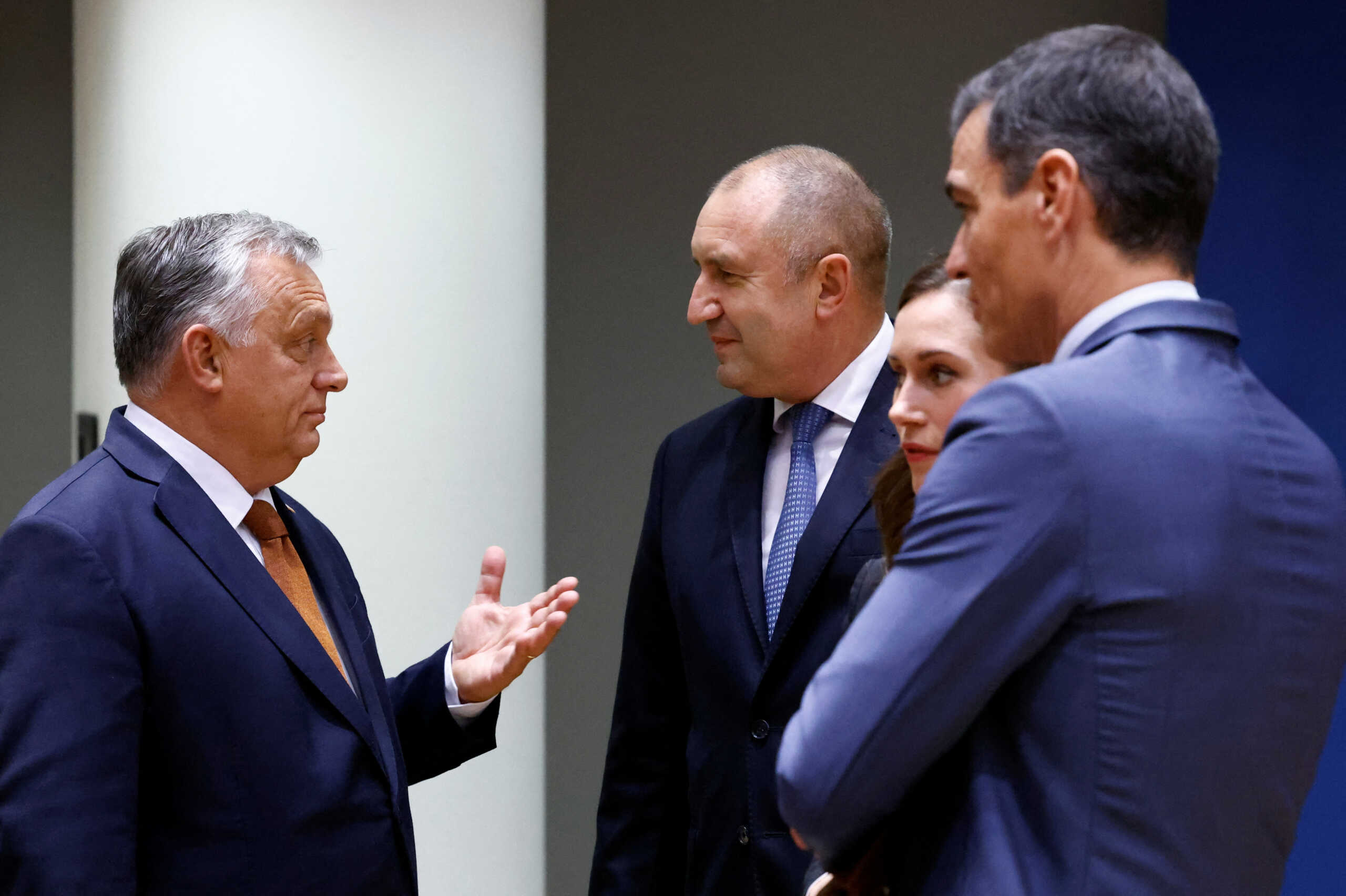 Hungarian Prime Minister Viktor Orban, Bulgarian President Rumen Radev, Finnish Prime Minister Sanna Marin and Spanish Prime Minister Pedro Sanchez attend the European Union leaders' summit in Brussels, Belgium, October 20, 2022. REUTERS