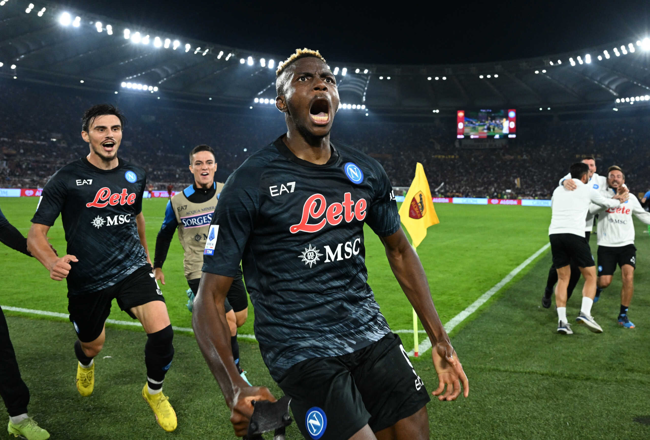 Soccer Football - Serie A - AS Roma v Napoli - Stadio Olimpico, Rome, Italy - October 23, 2022 Napoli's Victor Osimhen celebrates scoring their first goal REUTERS