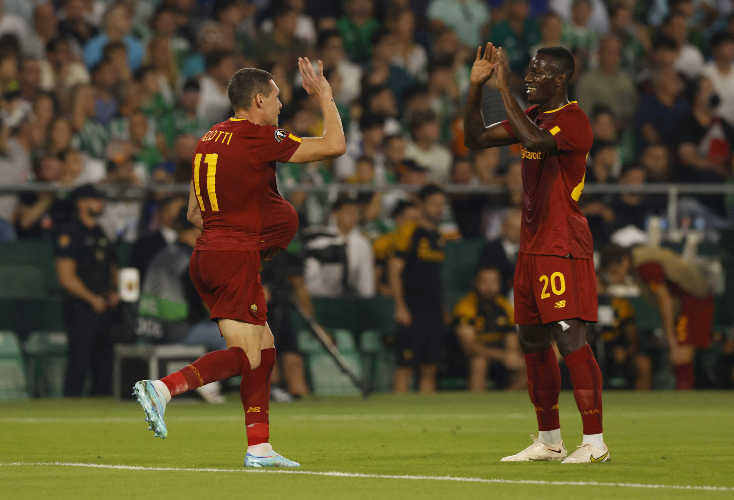 Soccer Football - Europa League - Group C - Real Betis v AS Roma - Estadio Benito Villamarin, Seville, Spain - October 13, 2022 AS Roma's Andrea Belotti celebrates scoring their first goal with teammate Mohamed Mady Camara REUTERS