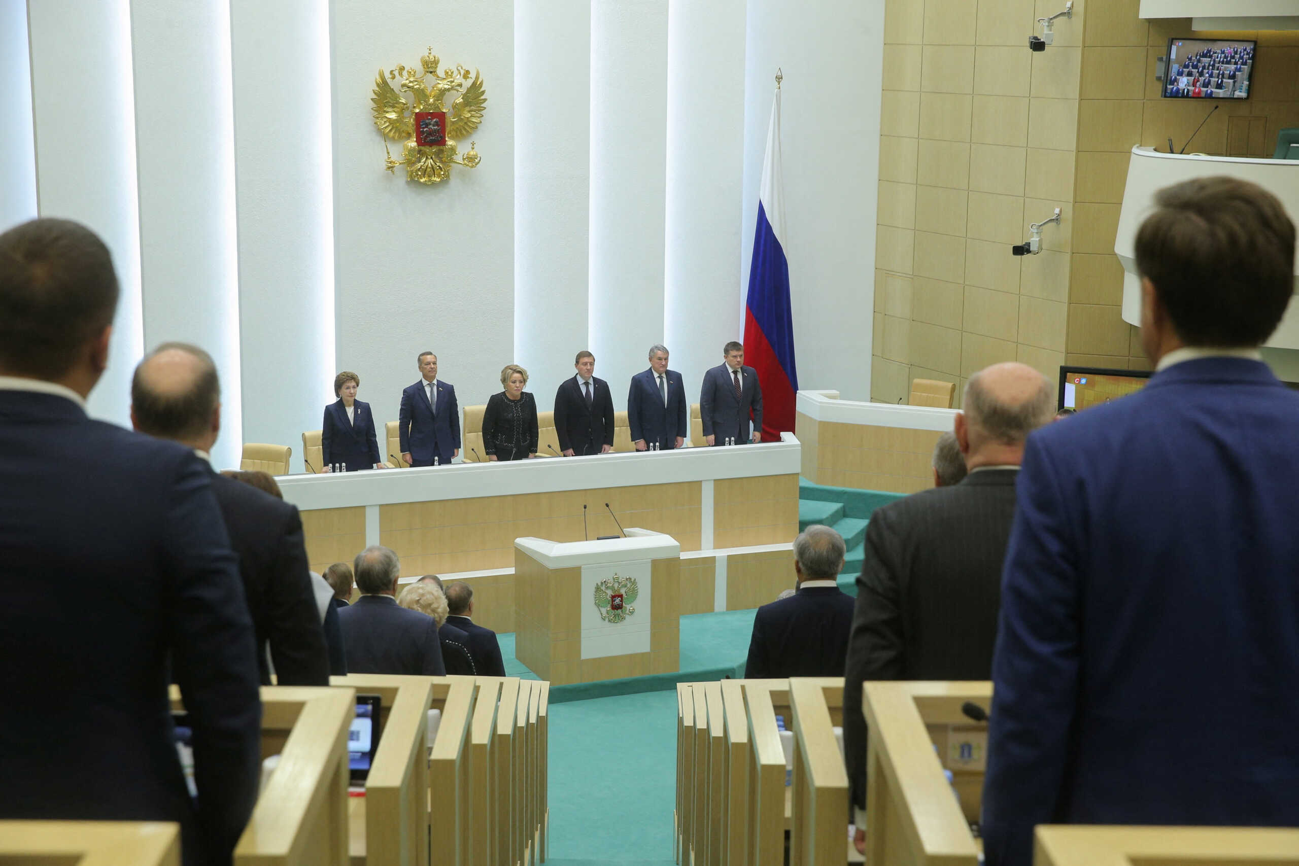 Members of the Russia's Federation Council, the upper house of parliament, attend a session to ratify legislation on annexing Ukraine's Donetsk, Kherson, Luhansk and Zaporizhzhia regions into Russia, in Moscow, Russia October 4, 2022. Russian Federation Council