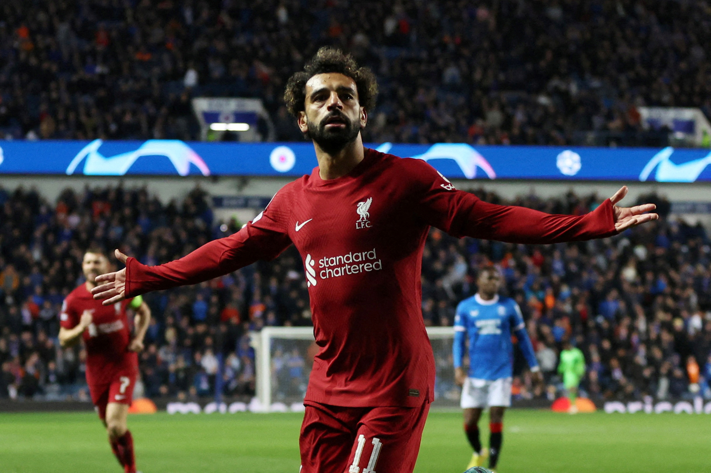 Soccer Football - Champions League - Group A - Rangers v Liverpool - Ibrox Stadium, Glasgow, Scotland, Britain - October 12, 2022  Liverpool's Mohamed Salah celebrates scoring their sixth goal Action Images via Reuters