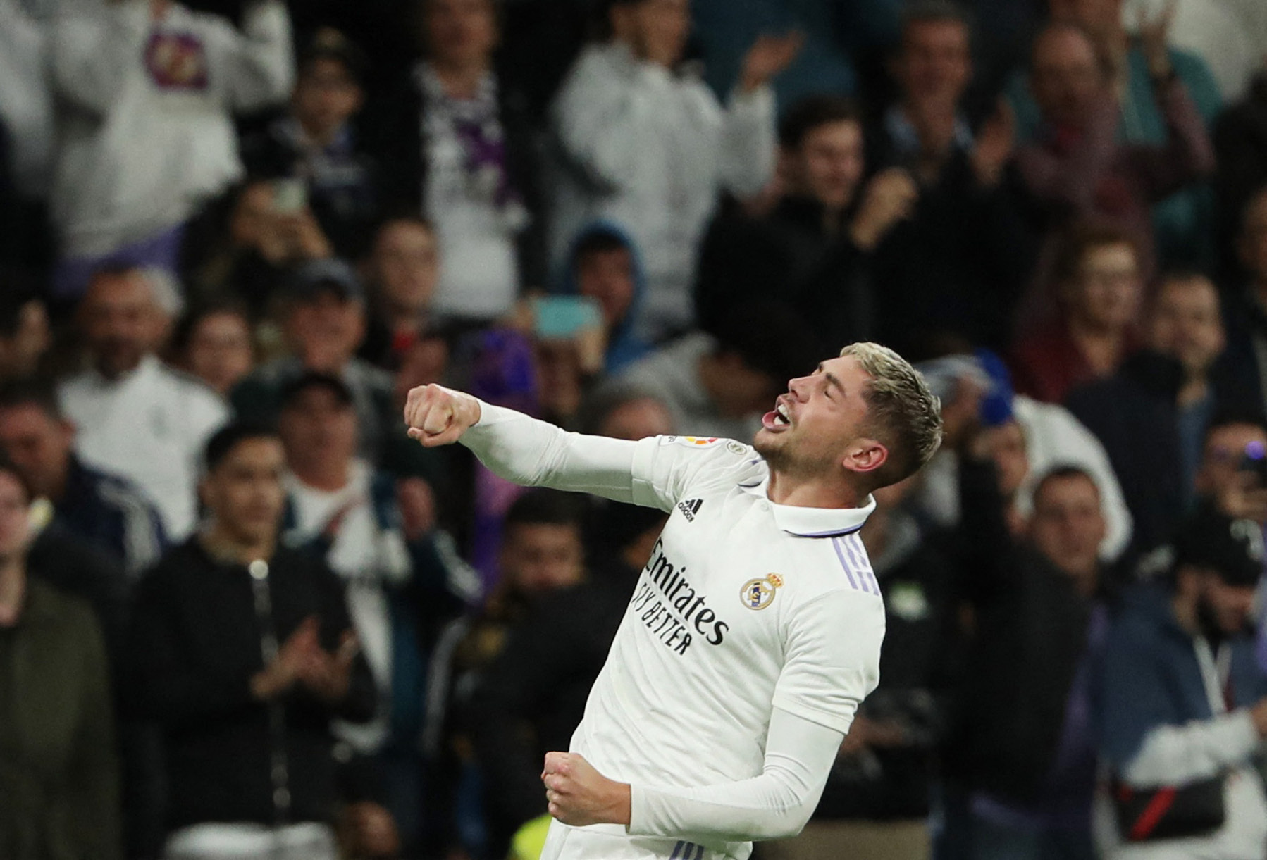 Soccer Football - LaLiga - Real Madrid v Sevilla - Santiago Bernabeu, Madrid, Spain - October 22, 2022  Real Madrid's Federico Valverde celebrates scoring their third goal REUTERS