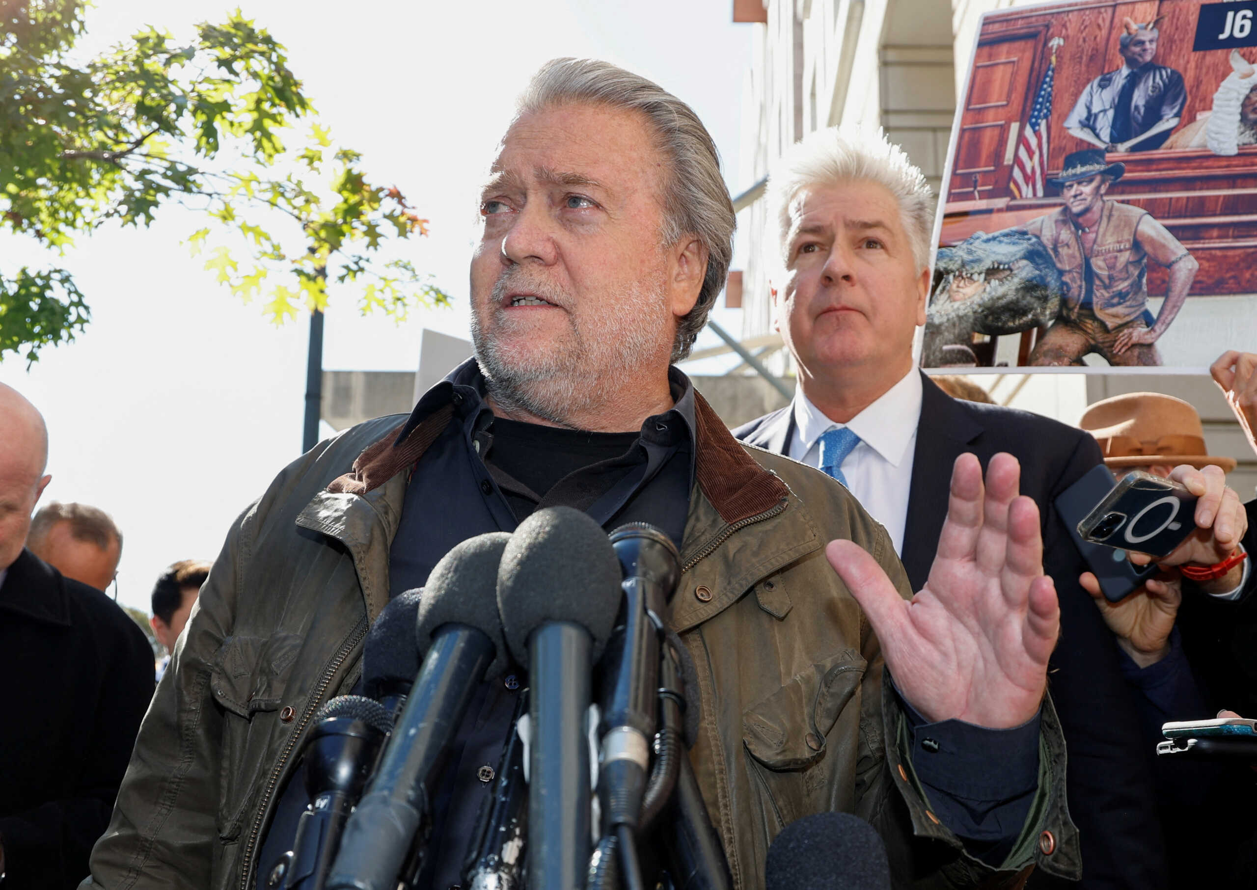 Steve Bannon, former White House chief strategist under former President Donald Trump, who was found guilty of contempt of Congress charges in July for refusing a subpoena about the January 6th Attack on the U.S. Capitol, speaks to reporters after his sentencing hearing at U.S. District Court in Washington, U.S. October 21, 2022. REUTERS