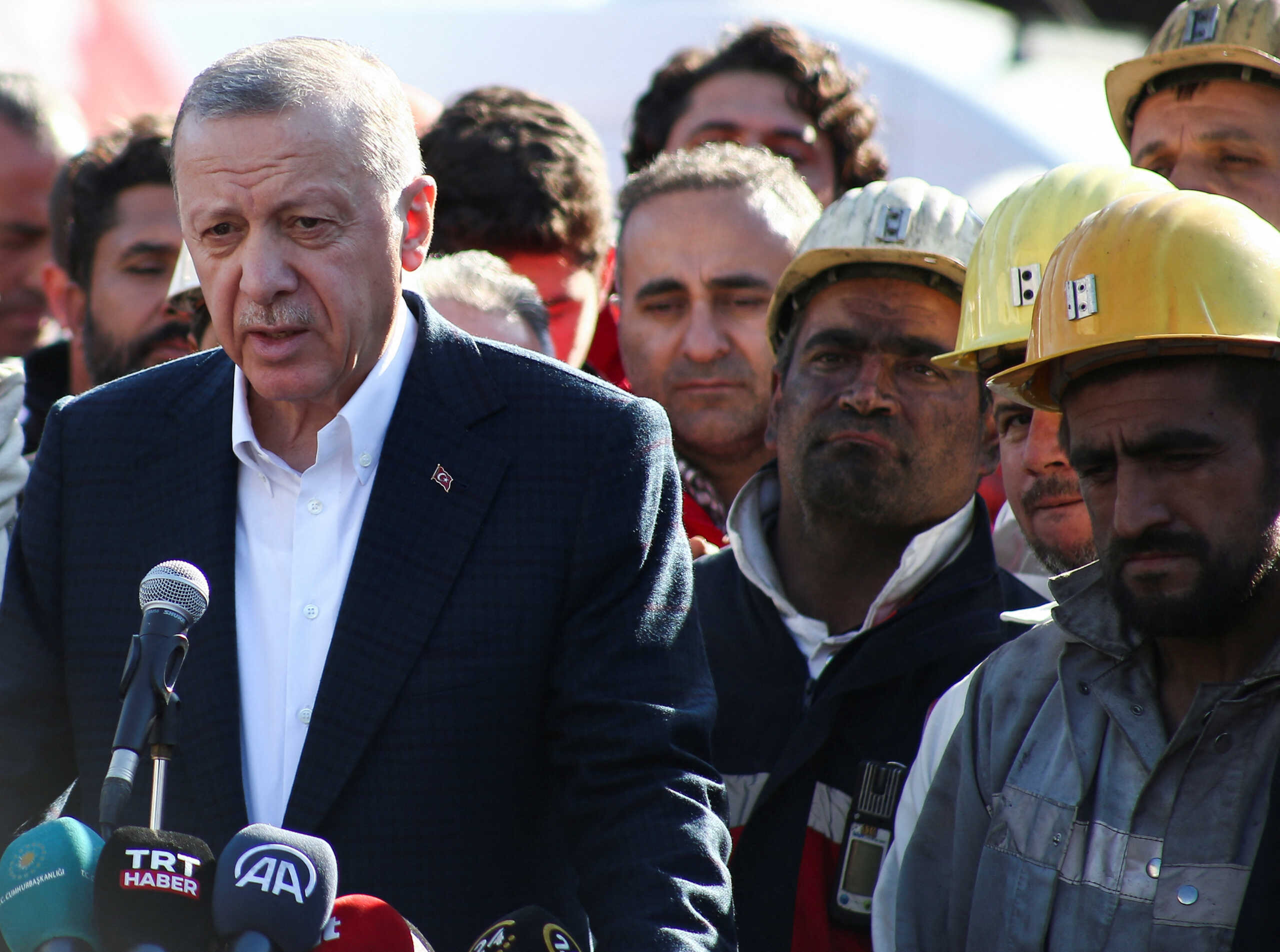 Turkish President Tayyip Erdogan talks to media as he visits the coal mine after an explosion in Amasra, in the northern Bartin province, Turkey, October 15, 2022. REUTERS