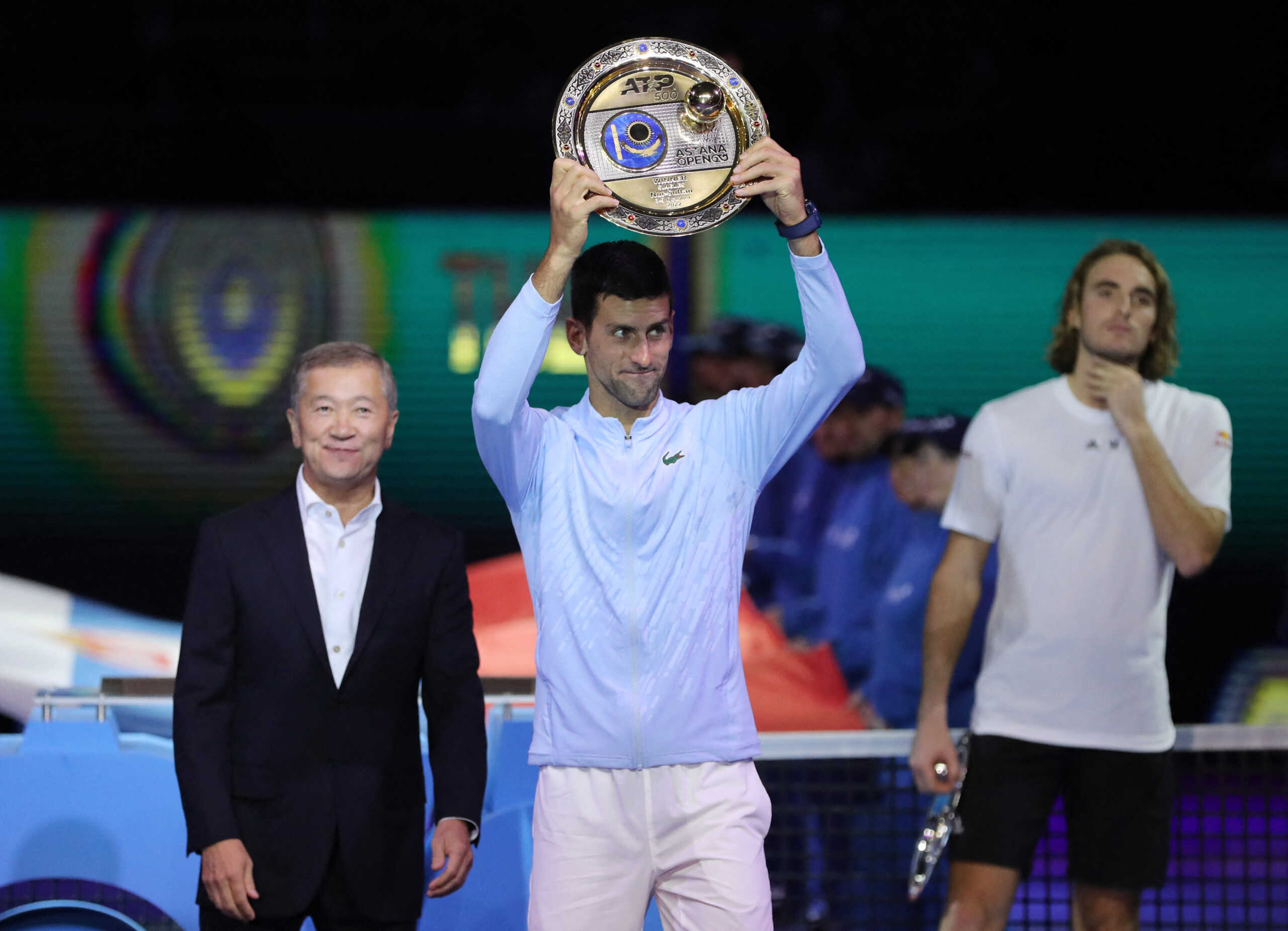 Tennis - ATP 500 - Astana Open - National Tennis Center, Astana, Kazakhstan - October 9, 2022 Serbia's Novak Djokovic celebrates with a trophy after winning the men's singles final against Greece's Stefanos Tsitsipas REUTERS