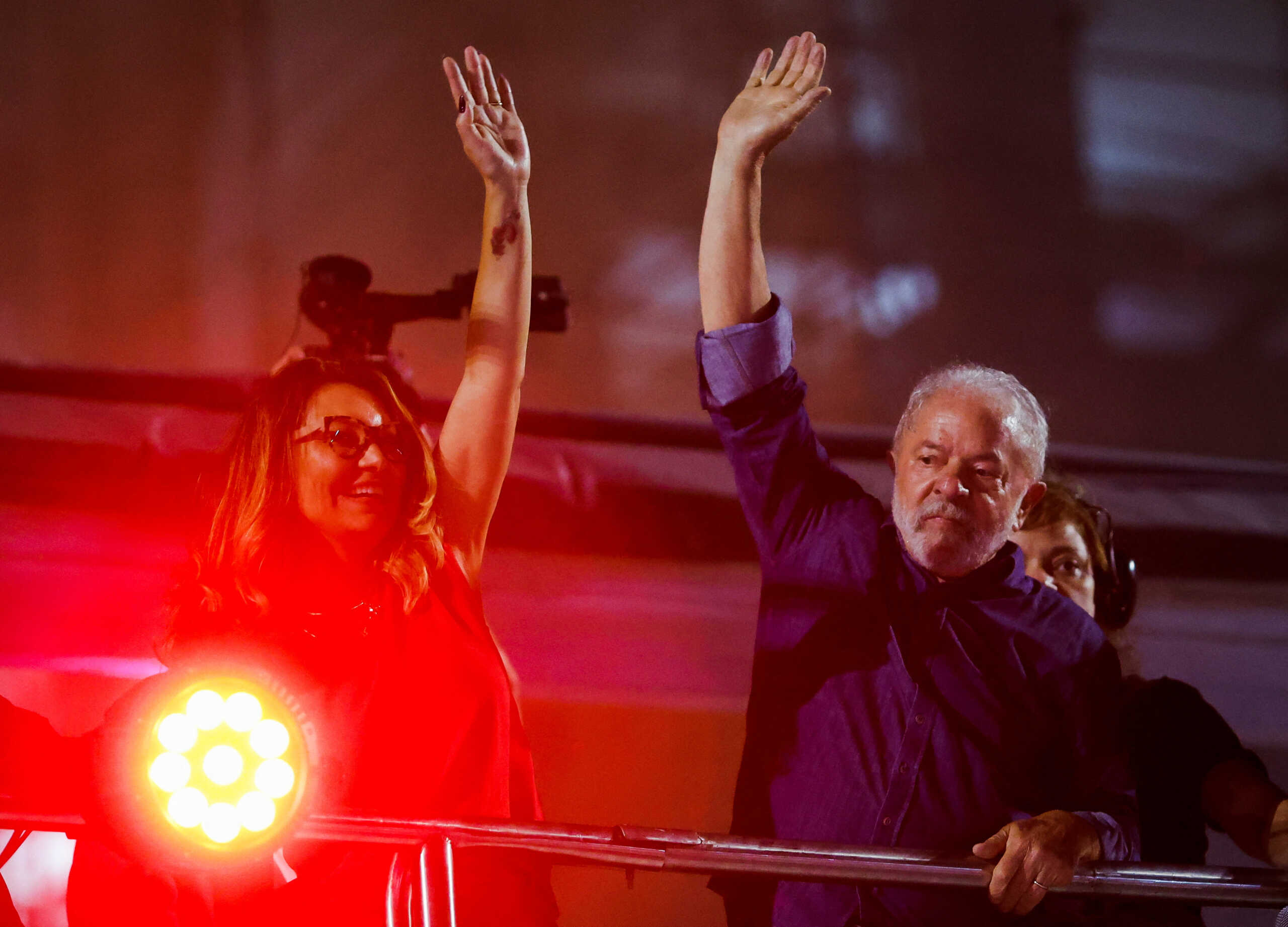 Brazil's former President and presidential candidate Luiz Inacio Lula da Silva and his wife Rosangela Lula da Silva, also know as Janja, react at an election night gathering on the day of the Brazilian presidential election run-off, in Sao Paulo, Brazil, October 30, 2022. REUTERS