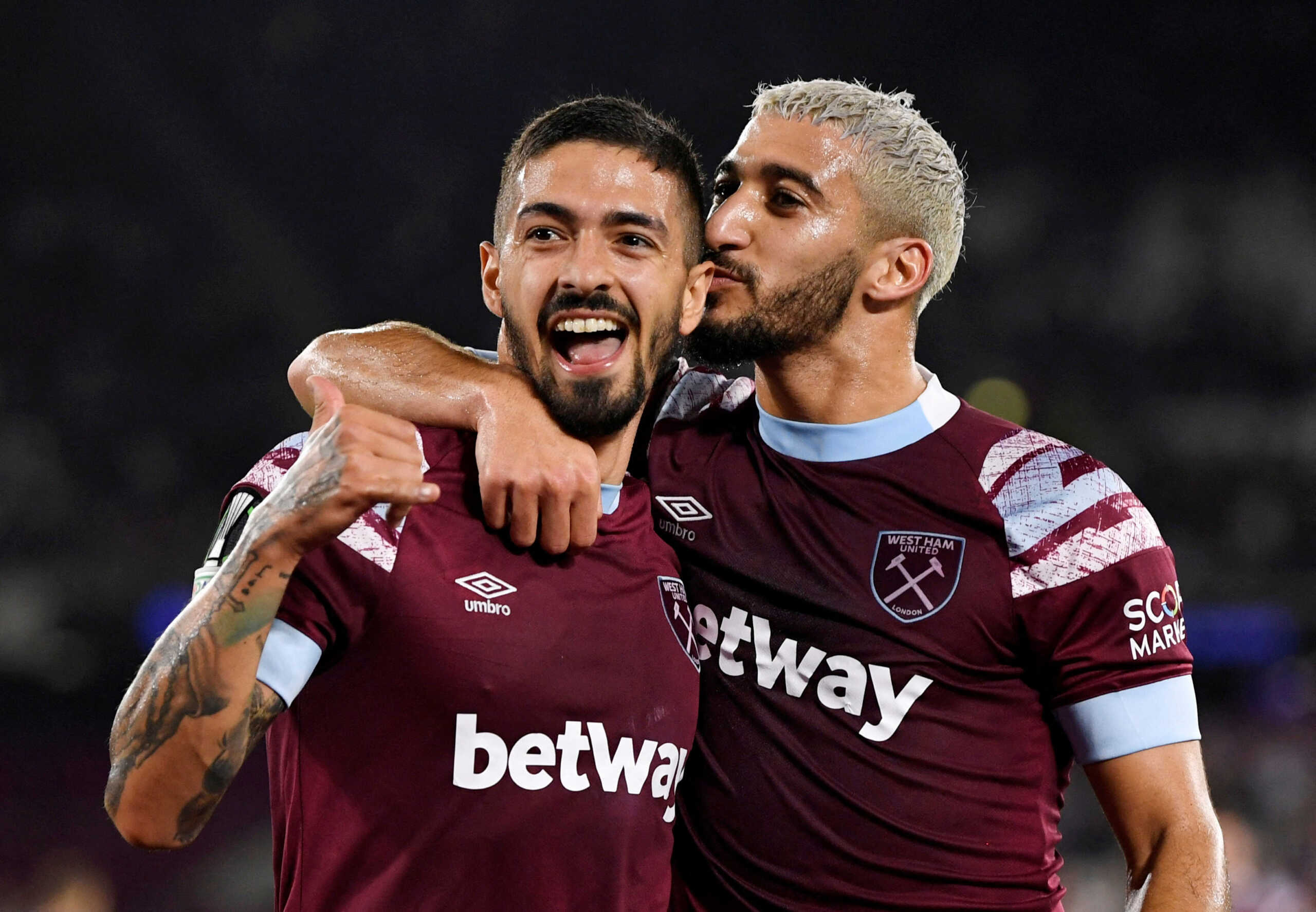 Soccer Football - Europa Conference League - Group B - West Ham United v Silkeborg - London Stadium, London, Britain - October 27, 2022 West Ham United's Manuel Lanzini celebrates scoring their first goal with Said Benrahma REUTERS