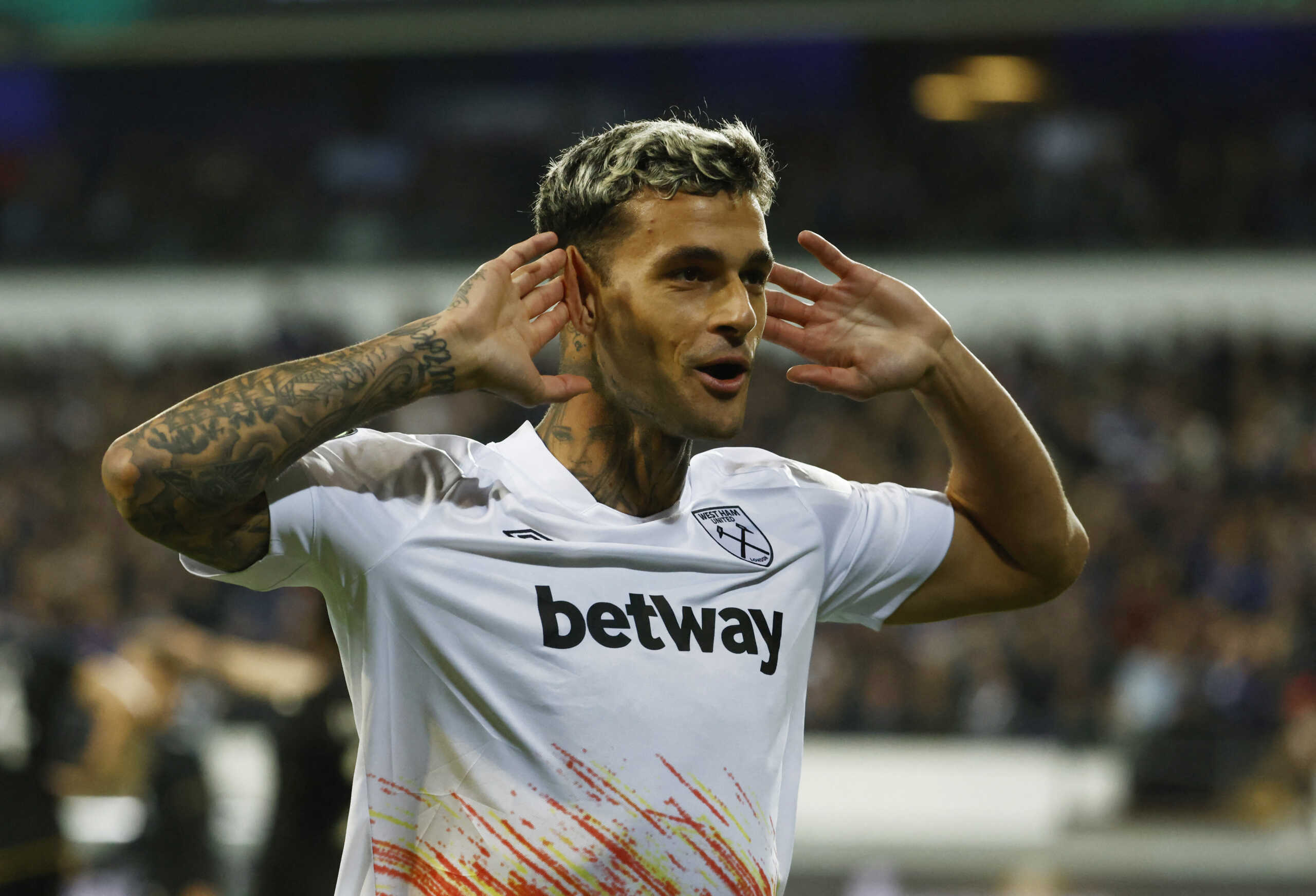 Soccer Football - Europa Conference League - Group B - Anderlecht v West Ham United - Lotto Park, Anderlecht, Belgium - October 6, 2022   West Ham United's Gianluca Scamacca celebrates scoring their first goal REUTERS