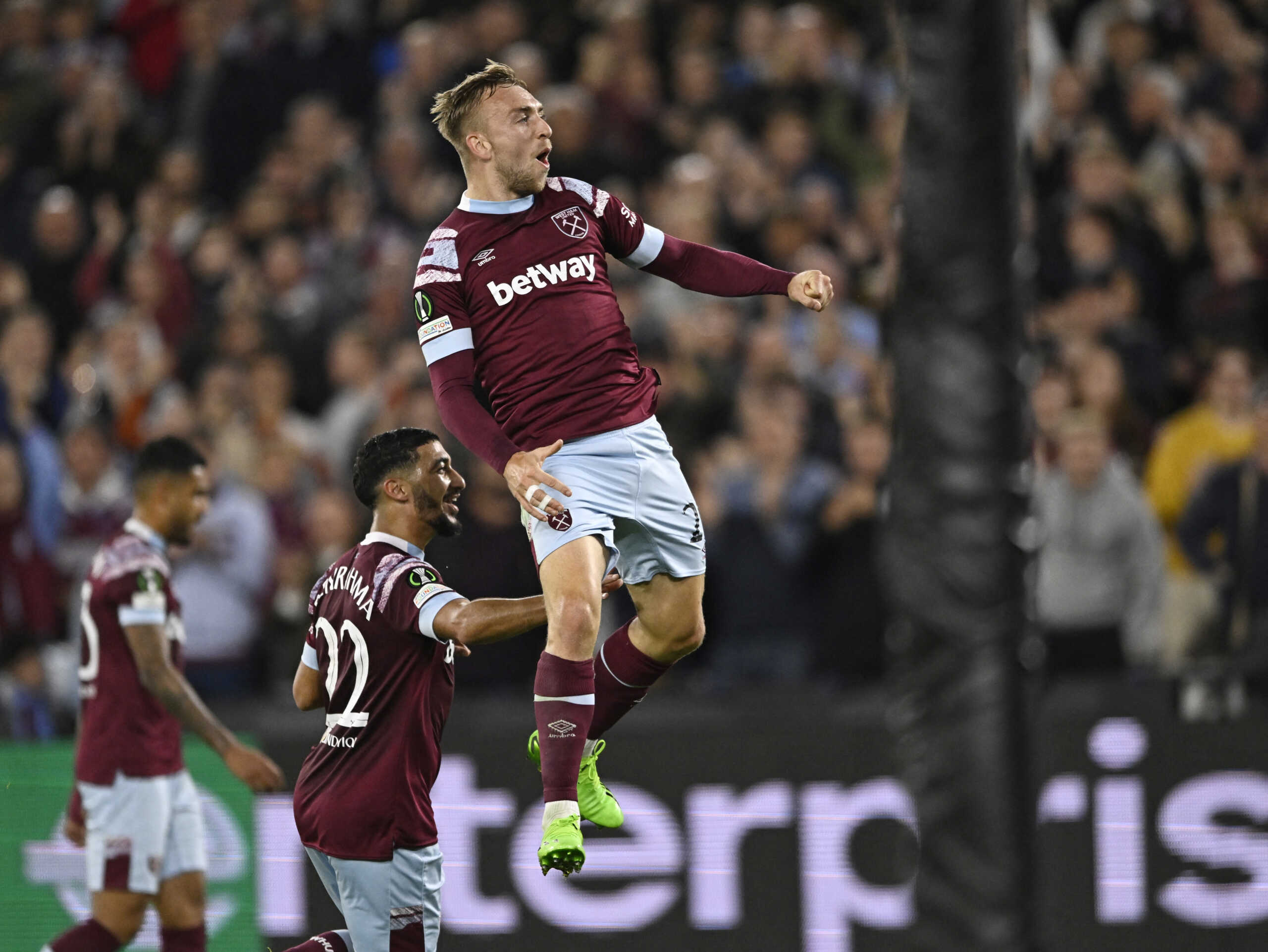 Soccer Football - Europa Conference League - Group B - West Ham United v Anderlecht - London Stadium, London, Britain - October 13, 2022  West Ham United's Jarrod Bowen celebrates scoring their second goal REUTERS