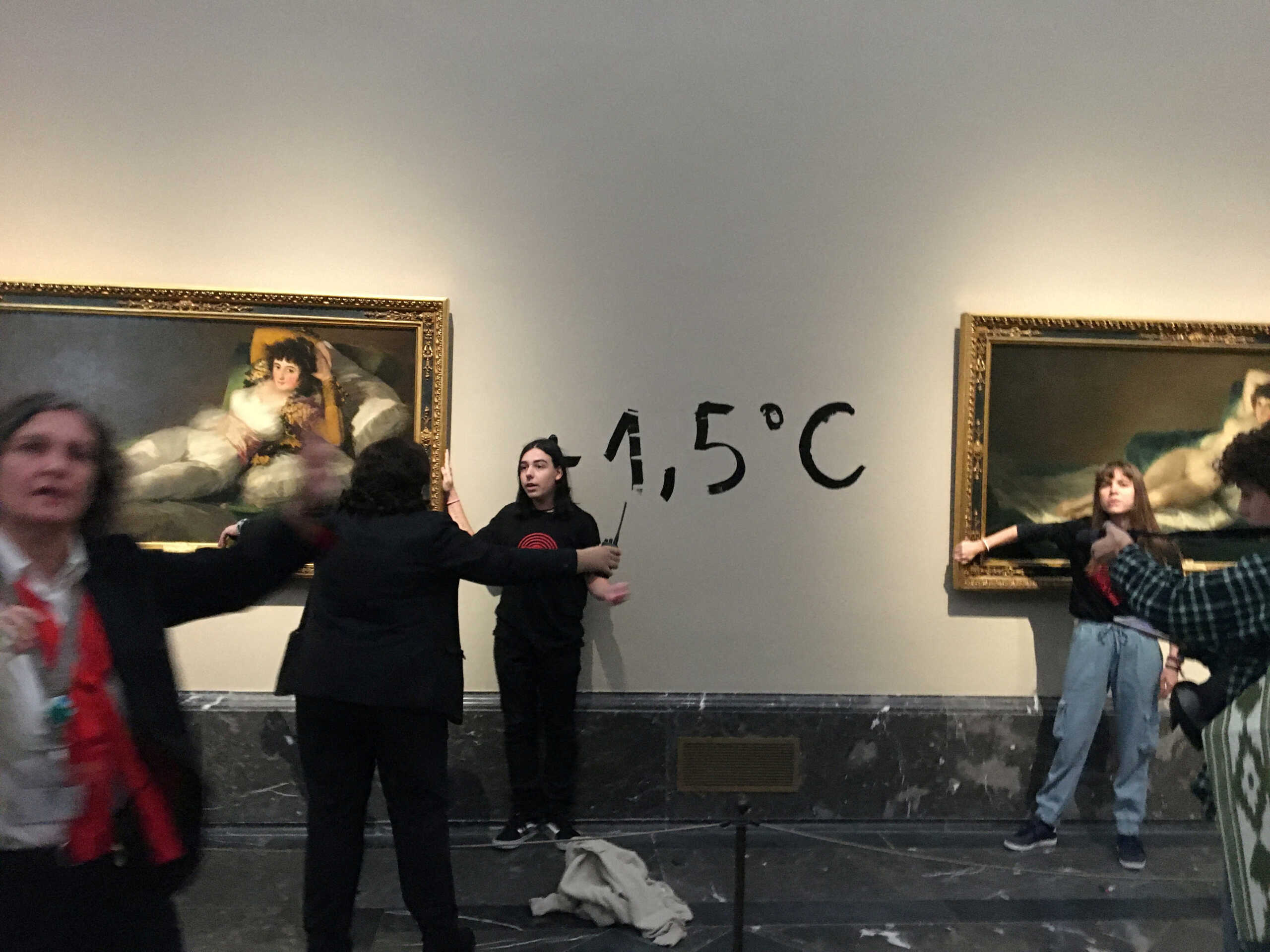 Climate protesters from Extinction Rebellion stick themselves to Goya's paintings "La Maja Desnuda" (The Naked Maja) and "La Maja Vestida" (The Clothed Maja) to alert about the climate emergency in Madrid, Spain November 5, 2022 in this picture obtained from social media. FuturoVegetal