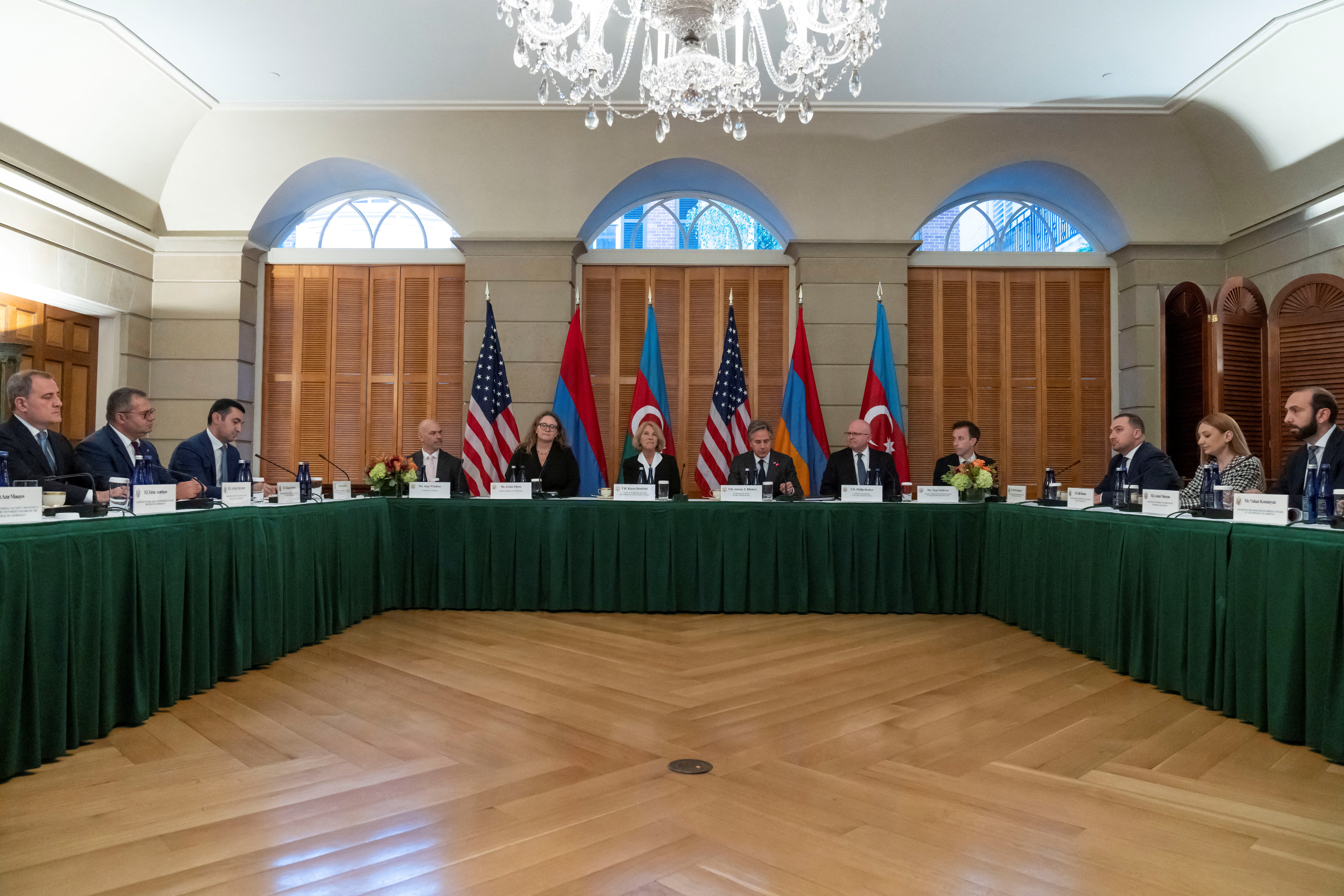Secretary of State Antony Blinken, center right, speaks during a meeting with Azerbaijan’s Foreign Minister Jeyhun Aziz oglu Bayramov, left, and Armenia's Foreign Minister Ararat Mirzoyan, right, at Blair House, Monday, Nov. 7, 2022, in Washington.  Alex Brandon