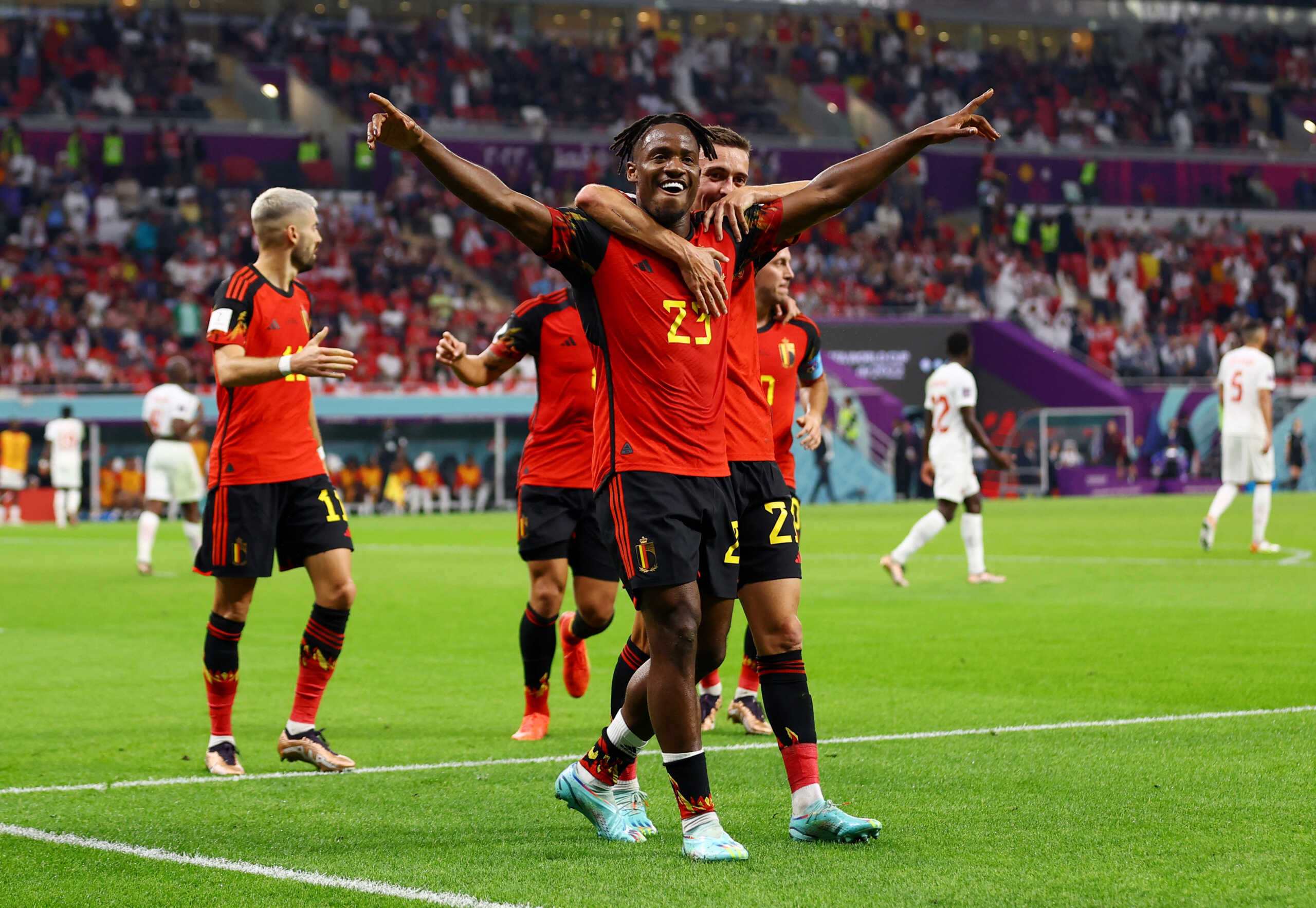 Soccer Football - FIFA World Cup Qatar 2022 - Group F - Belgium v Canada - Ahmad Bin Ali Stadium, Al Rayyan, Qatar - November 23, 2022 Belgium's Michy Batshuayi celebrates scoring their first goal REUTERS