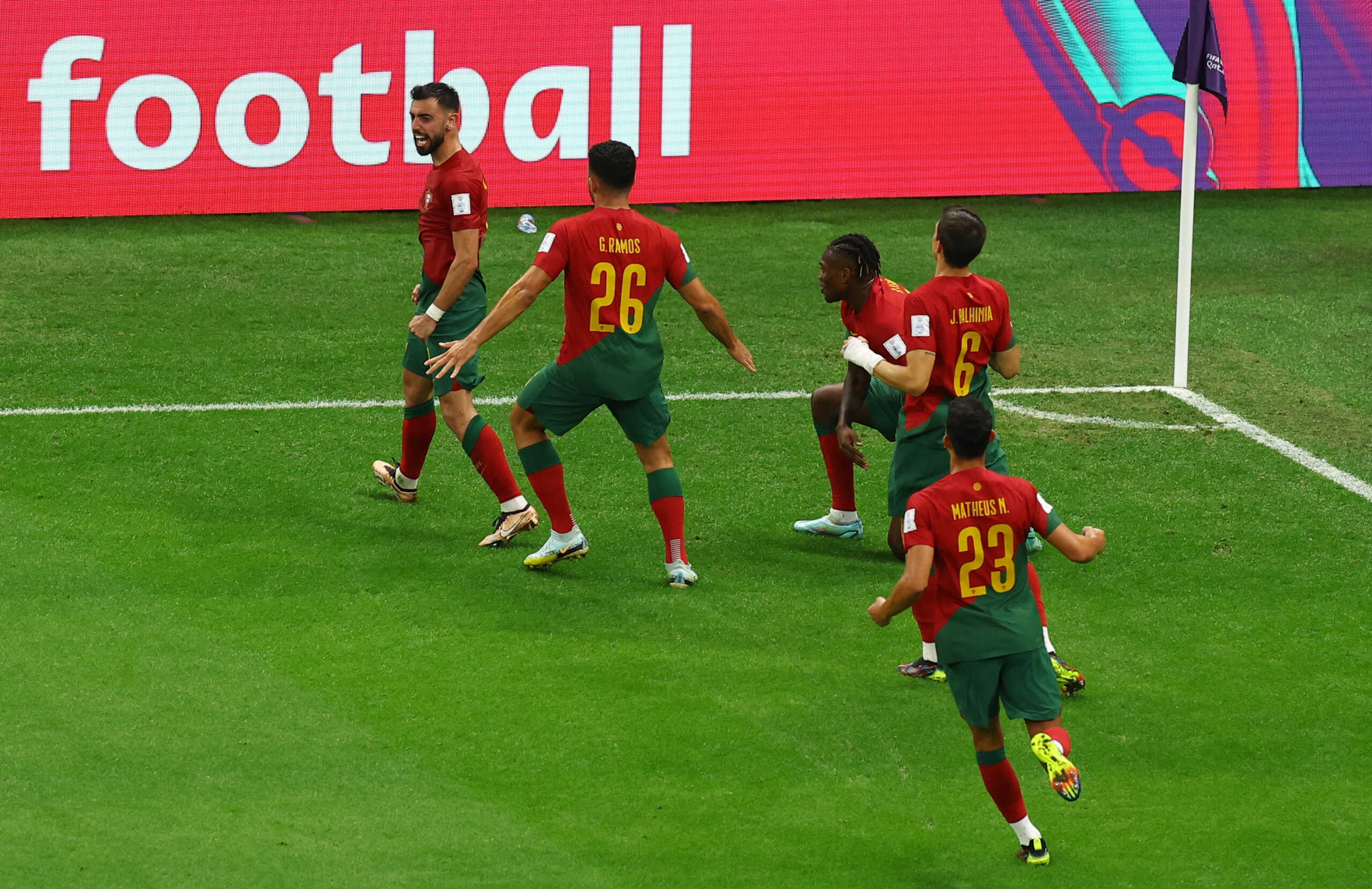Soccer Football - FIFA World Cup Qatar 2022 - Group H - Portugal v Uruguay - Lusail Stadium, Lusail, Qatar - November 28, 2022 Portugal's Bruno Fernandes celebrates scoring their second goal with teammates REUTERS
