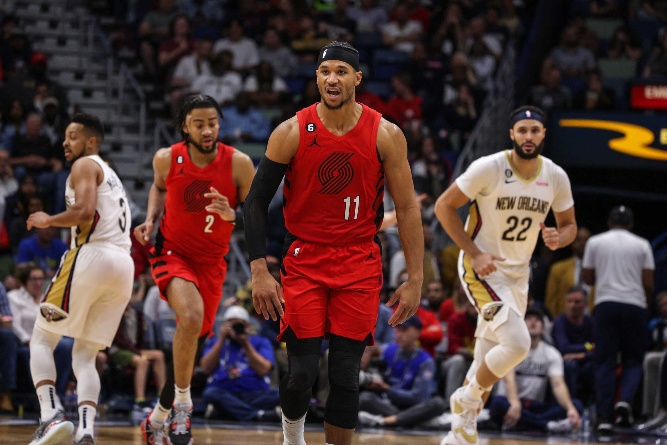 Nov 10, 2022; New Orleans, Louisiana, USA; Portland Trail Blazers guard Josh Hart (11) reacts against the New Orleans Pelicans during the second half at Smoothie King Center. Mandatory Credit: Stephen Lew-USA TODAY Sports