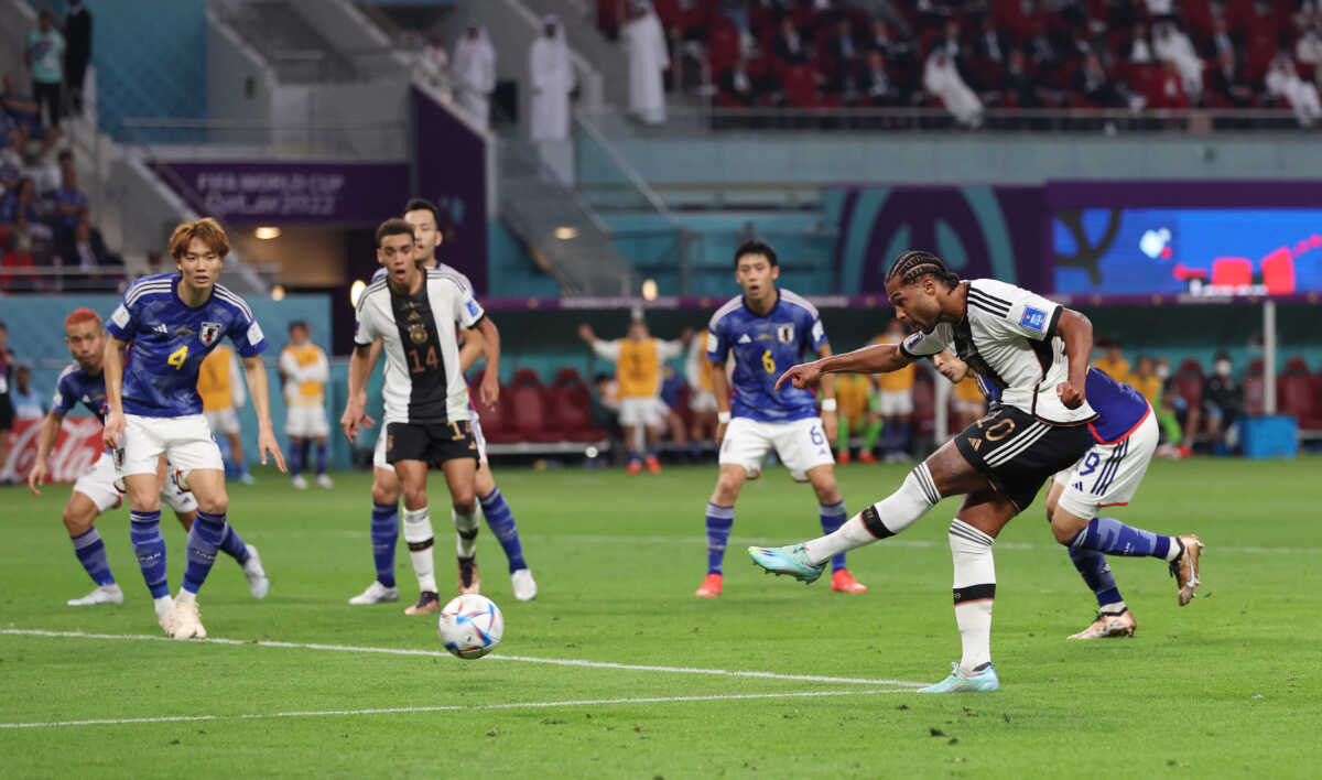 Soccer Football - FIFA World Cup Qatar 2022 - Group E - Germany v Japan - Khalifa International Stadium, Doha, Qatar - November 23, 2022 Germany's Serge Gnabry shoots at goal REUTERS