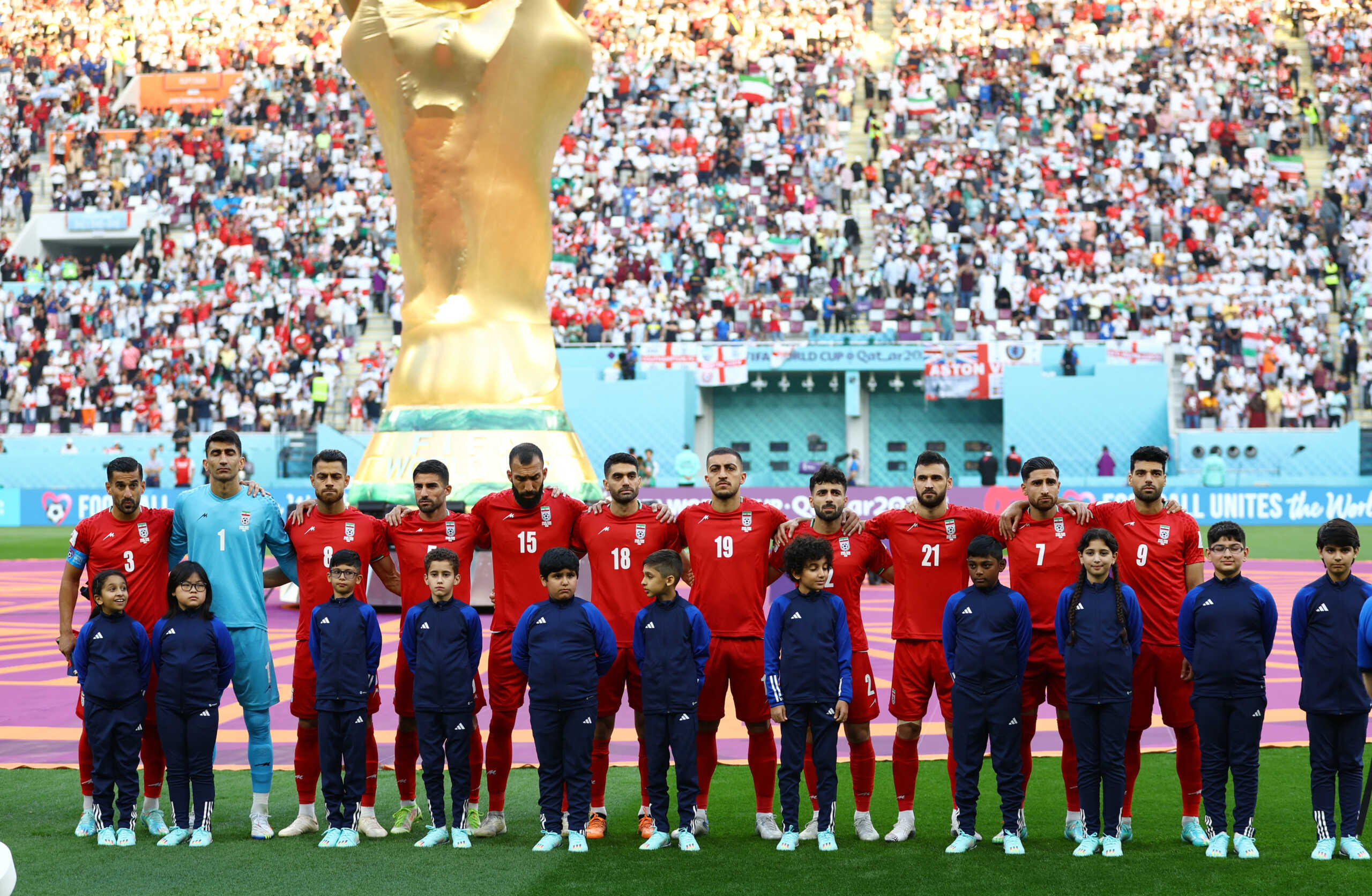 Soccer Football - FIFA World Cup Qatar 2022 - Group B - England v Iran - Khalifa International Stadium, Doha, Qatar - November 21, 2022 Iran players line up before the match REUTERS