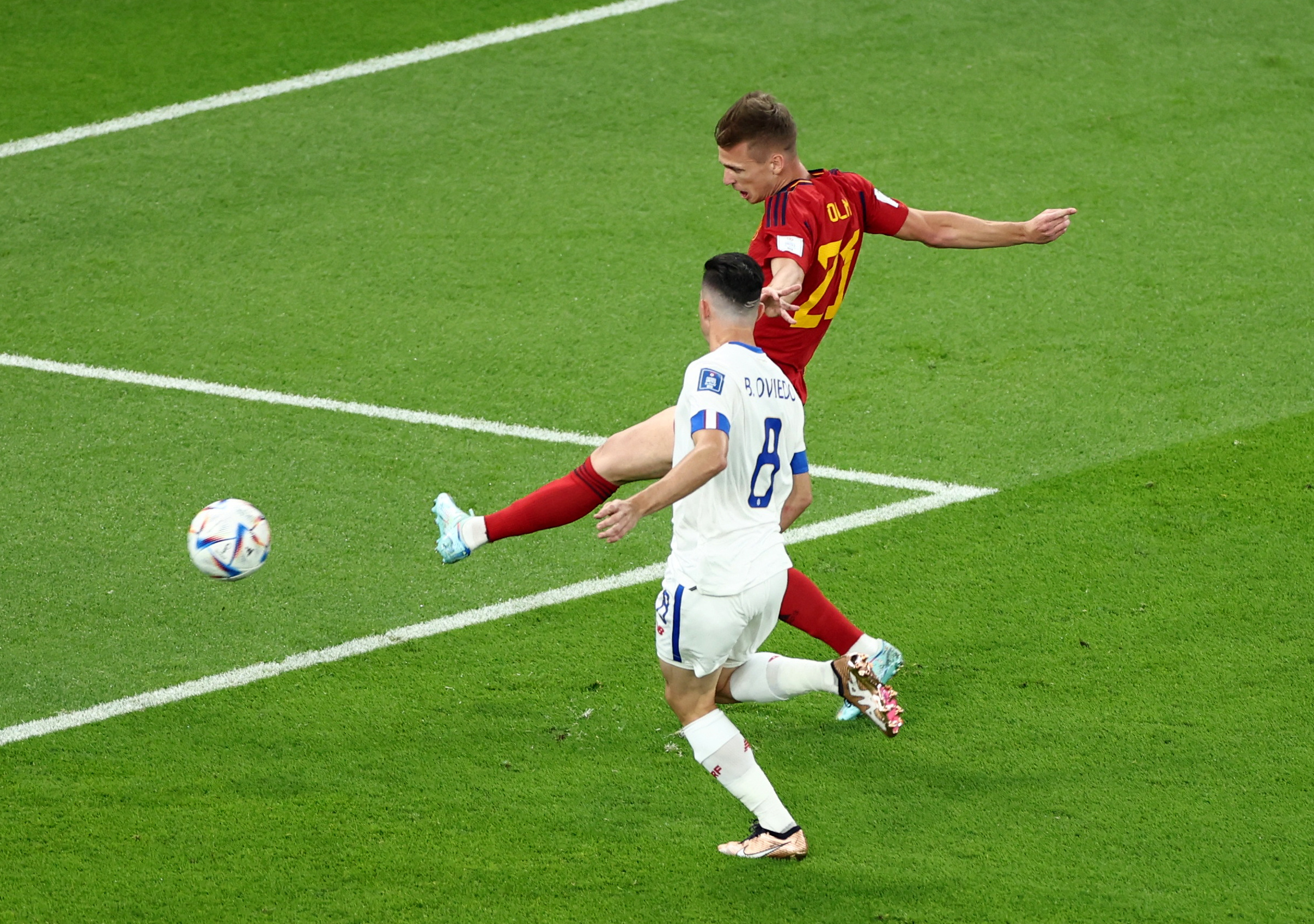 Soccer Football - FIFA World Cup Qatar 2022 - Group E - Spain v Costa Rica - Al Thumama Stadium, Doha, Qatar - November 23, 2022 Spain's Dani Olmo shoots at goal REUTERS