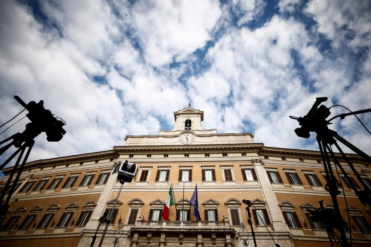 FILE PHOTO: Cameras are set up outside Montecitorio Palace, the lower house of Parliament, as the voting to elect the country's new President continues, in Rome, Italy January 28, 2022. REUTERS