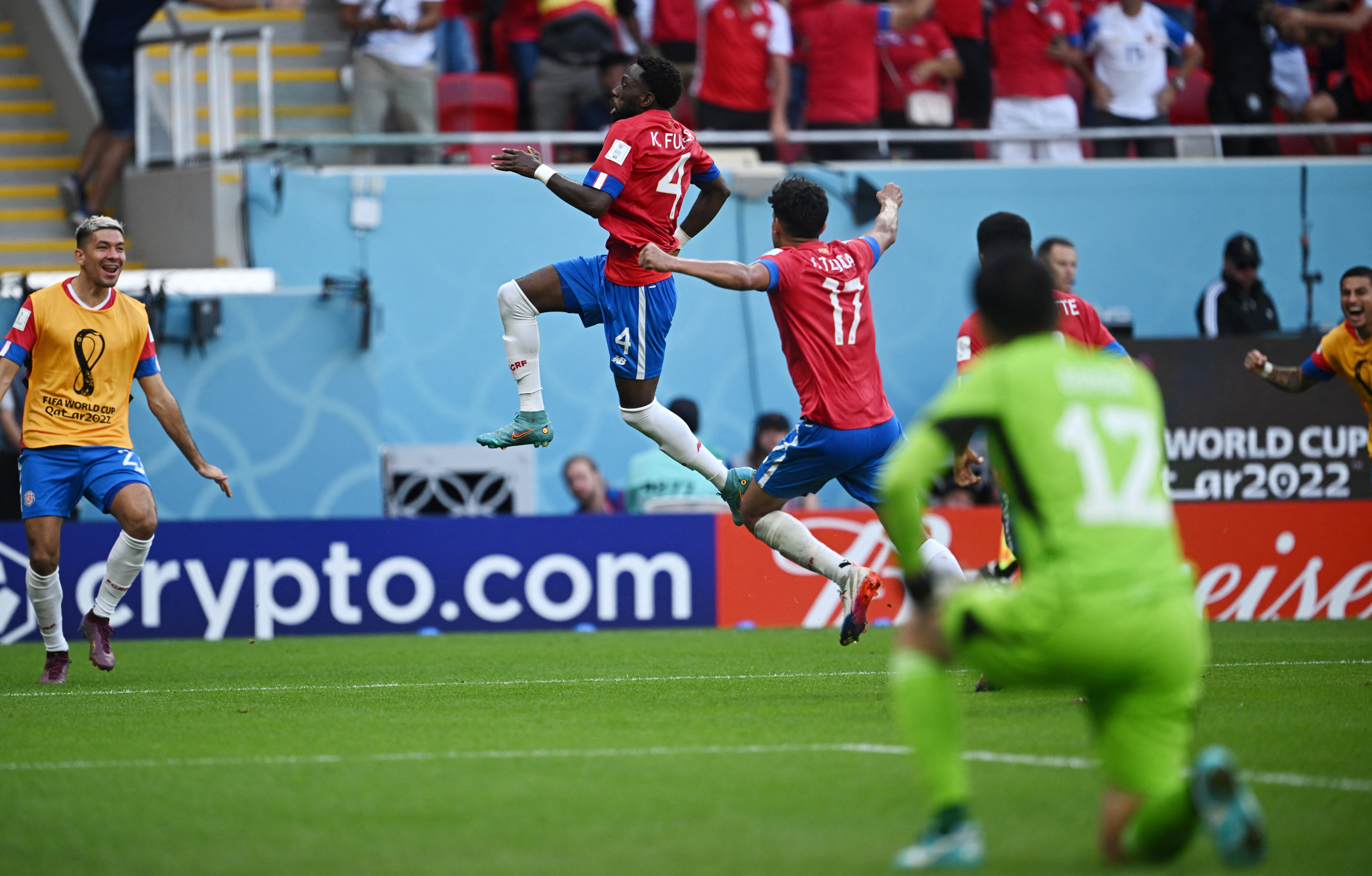 Soccer Football - FIFA World Cup Qatar 2022 - Group E - Japan v Costa Rica - Ahmad Bin Ali Stadium, Al Rayyan, Qatar - November 27, 2022 Costa Rica's Keysher Fuller celebrates scoring their first goal with Yeltsin Tejeda REUTERS