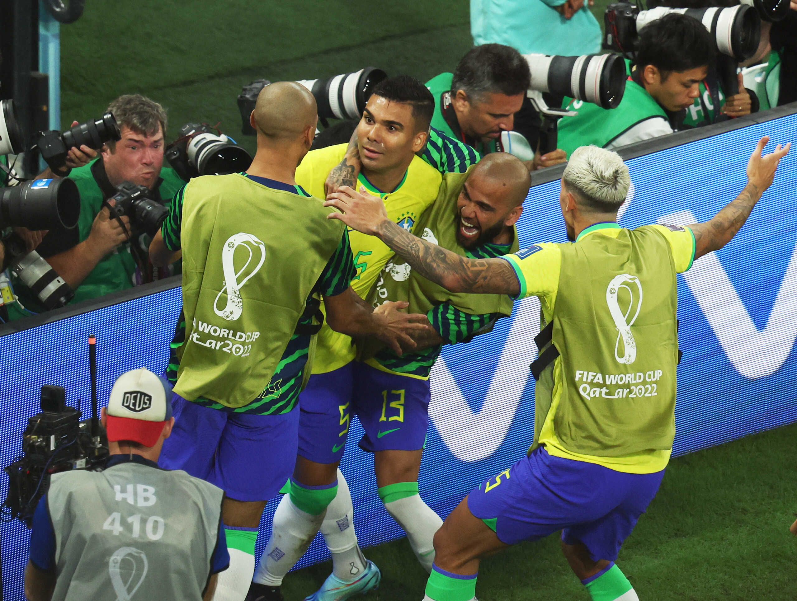 Soccer Football - FIFA World Cup Qatar 2022 - Group G - Brazil v Switzerland - Stadium 974, Doha, Qatar - November 28, 2022 Brazil's Casemiro celebrates scoring their first goal with teammates REUTERS