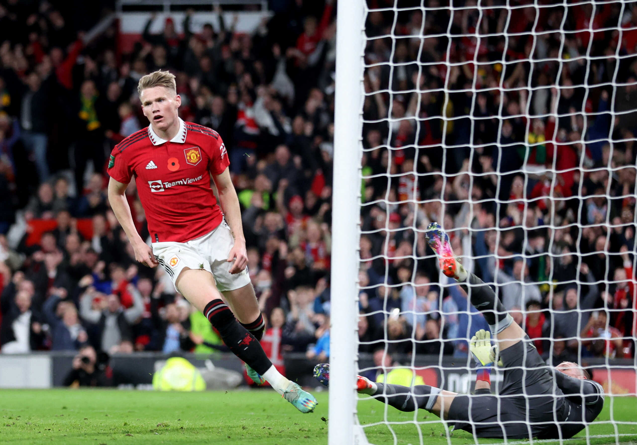 Soccer Football - Carabao Cup Third Round - Manchester United v Aston Villa - Old Trafford, Manchester, Britain - November 10, 2022 Manchester United's Scott McTominay scores their fourth goal Action Images via Reuters