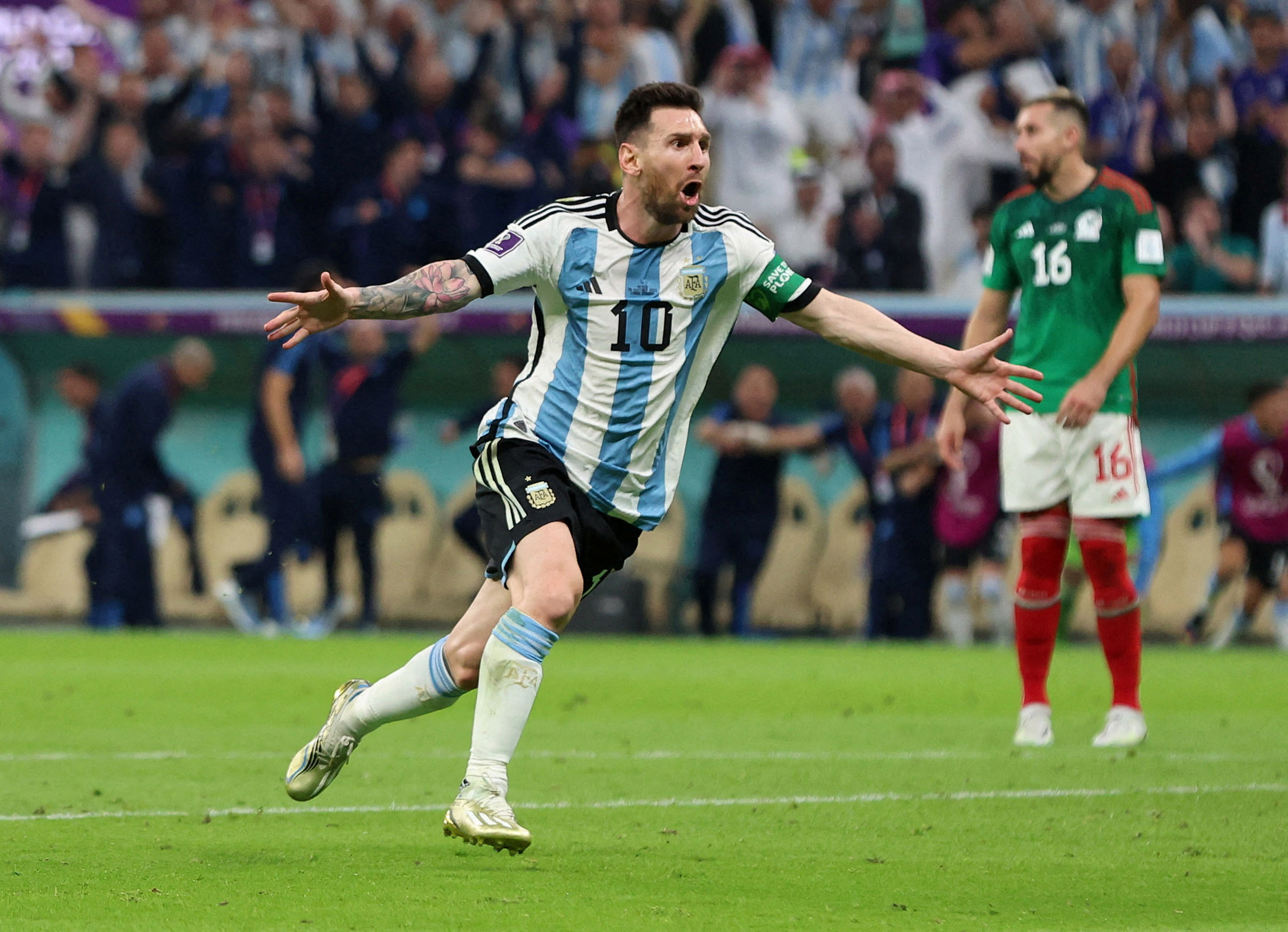 Soccer Football - FIFA World Cup Qatar 2022 - Group C - Argentina v Mexico - Lusail Stadium, Lusail, Qatar - November 26, 2022 Argentina's Lionel Messi celebrates scoring their first goal REUTERS
