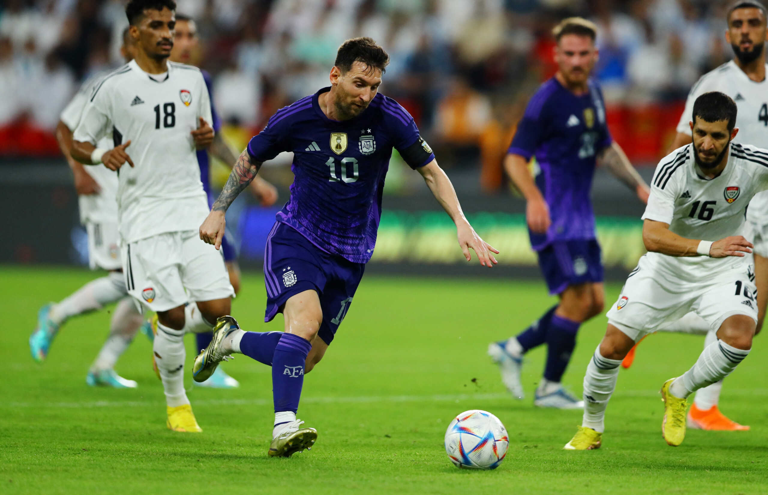 Soccer Football - International Friendly - United Arab Emirates v Argentina - Mohammed bin Zayed Stadium, Abu Dhabi, United Arab Emirates - November 16, 2022 Argentina's Lionel Messi scores their fourth goal REUTERS