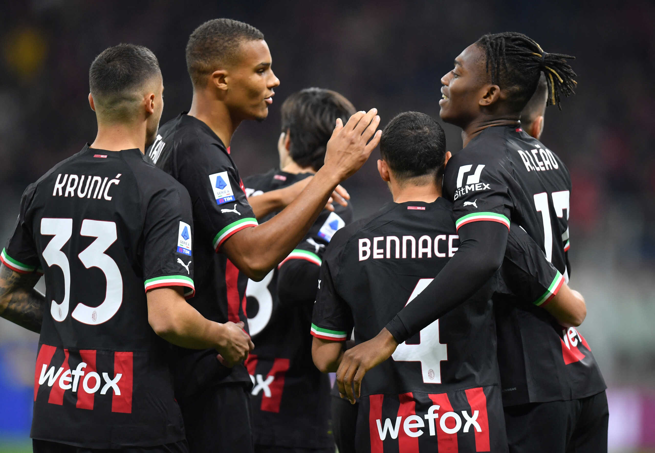 Soccer Football - Serie A - AC Milan v Fiorentina - San Siro, Milan, Italy - November 13, 2022 AC Milan's Rafael Leao celebrates scoring their first goal with teammates REUTERS