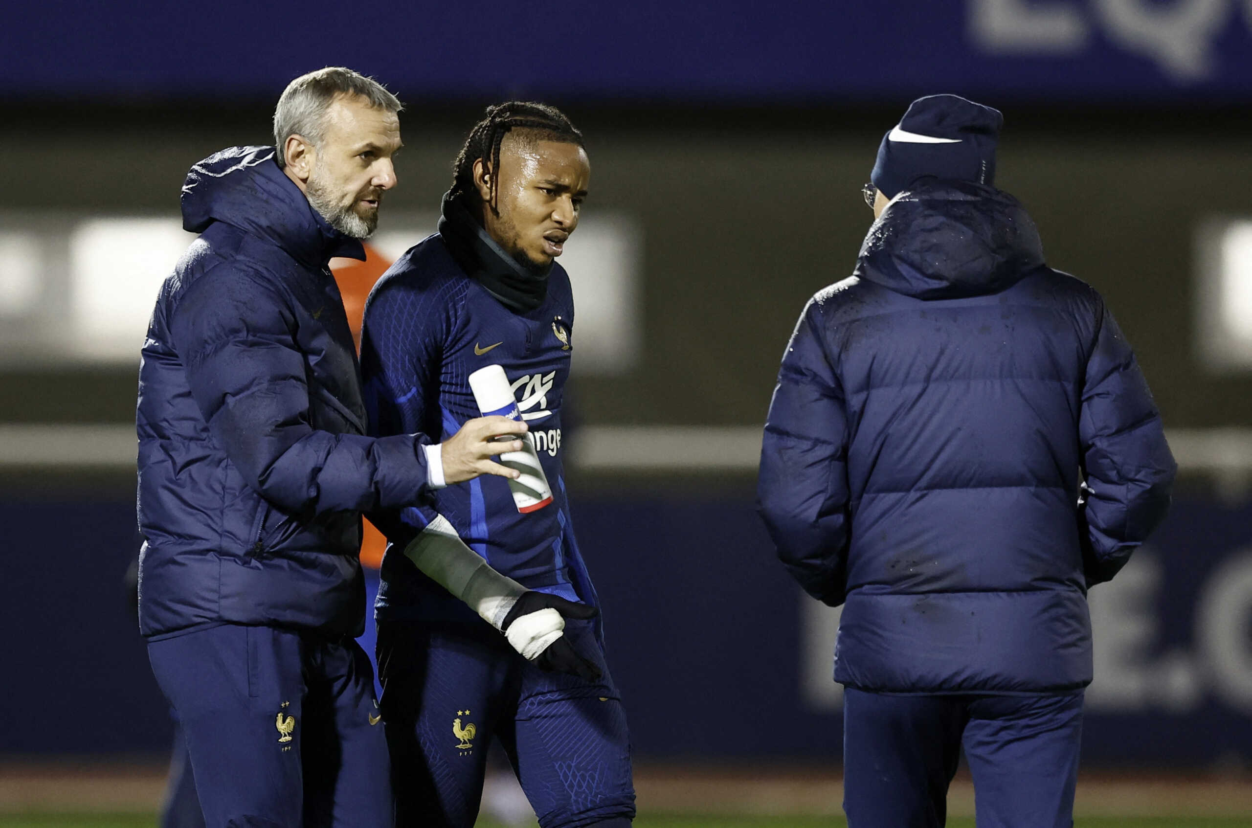 Soccer Football - FIFA World Cup Qatar 2022 - France team Training - INF Clairefontaine, Clairefontaine-en-Yvelines, France - November 15, 2022 France's Christopher Nkunku after sustaining an injury during training REUTERS