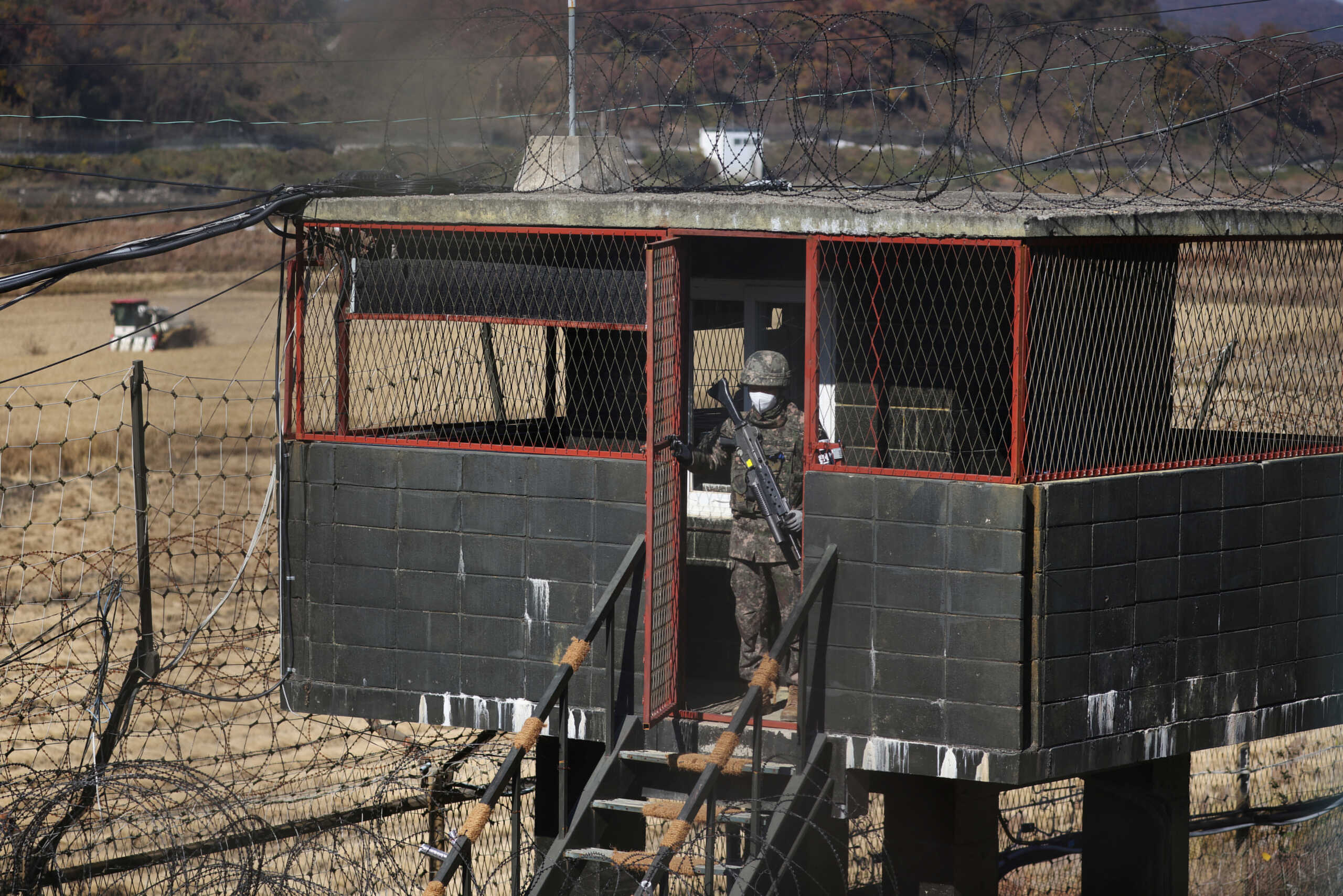 A South Korean soldier stands guard at a guard post near the demilitarized zone separating the two Koreas, in Paju, South Korea, November 4, 2022.    REUTERS