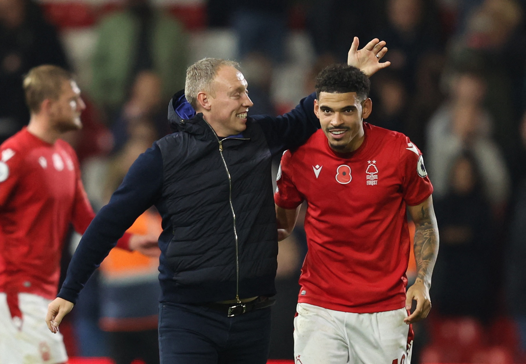 Soccer Football - Premier League - Nottingham Forest v Crystal Palace - The City Ground, Nottingham, Britain - November 12, 2022  Nottingham Forest manager Steve Cooper celebrates with Morgan Gibbs-White after the match Action Images via Reuters