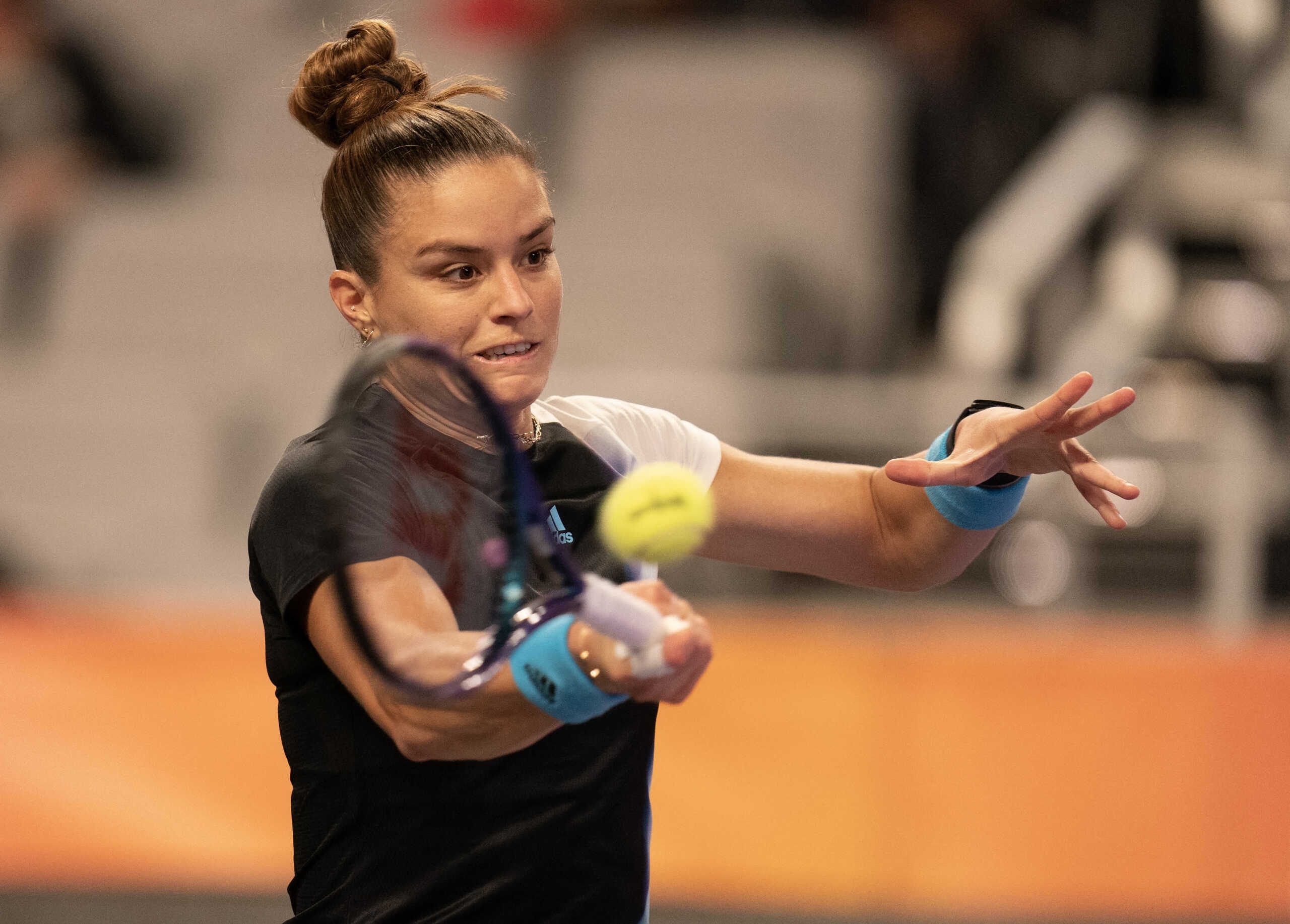 Oct 31, 2022; Forth Worth, TX, USA; Maria Sakkari (GRE) returns a shot during her match against Jessica Pegula (USA) on day one of the WTA Finals at Dickies Arena. Mandatory Credit: Susan Mullane-USA TODAY Sports